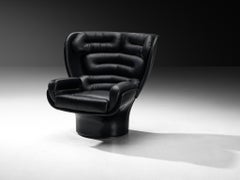 Joe Colombo 'Elda' Swivel Lounge Chair in Black Leather and Fiberglass