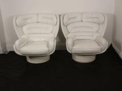 Joe Colombo Elda Swivel Lounge Chairs in White Leather, Pair