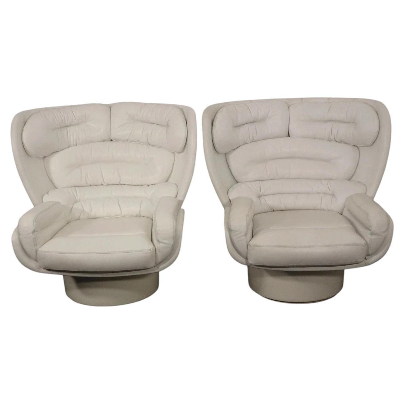 Joe Colombo Elda Swivel Lounge Chairs in White Leather, Pair For Sale