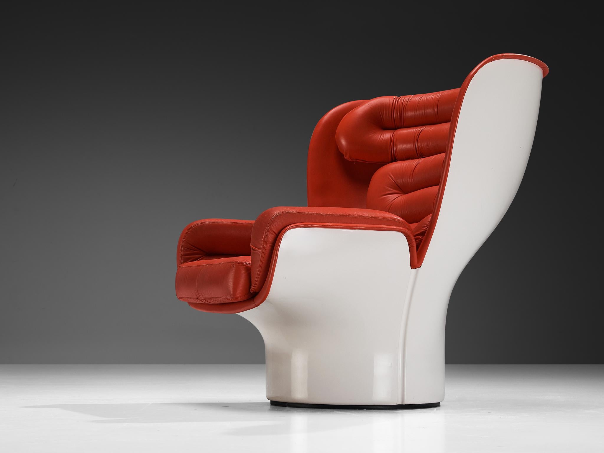 Italian Joe Colombo for Comfort 'Elda' Lounge Chair in Red Leather and Fiberglass For Sale