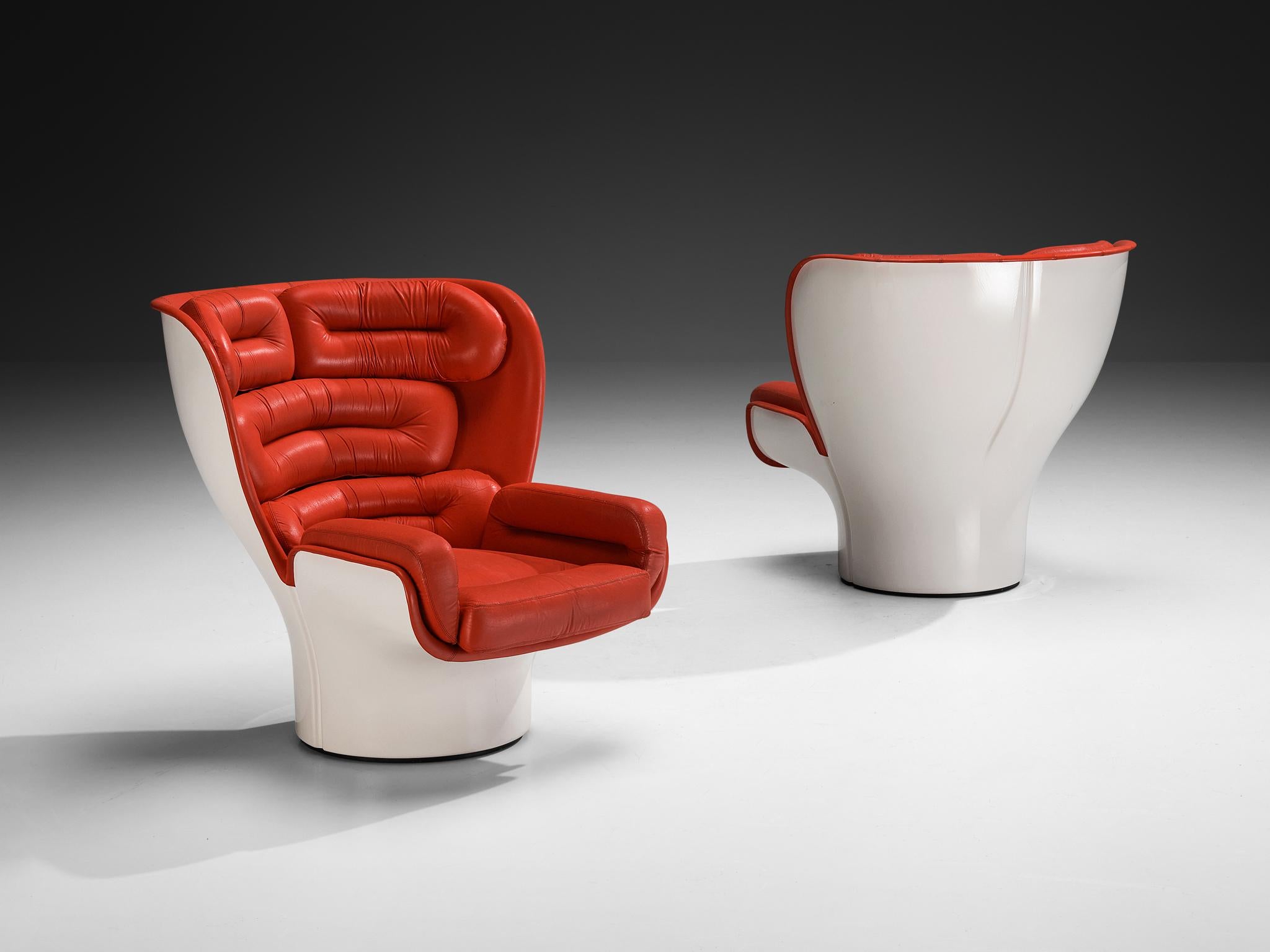 Joe Colombo for Comfort, lounge chairs ‘Elda’, fiberglass, leather, Italy, design 1963

The ‘Elda’ chair is one of the most well-known designs of Italian designer Joe Colombo. This lounge chair is one of the first designs using new material