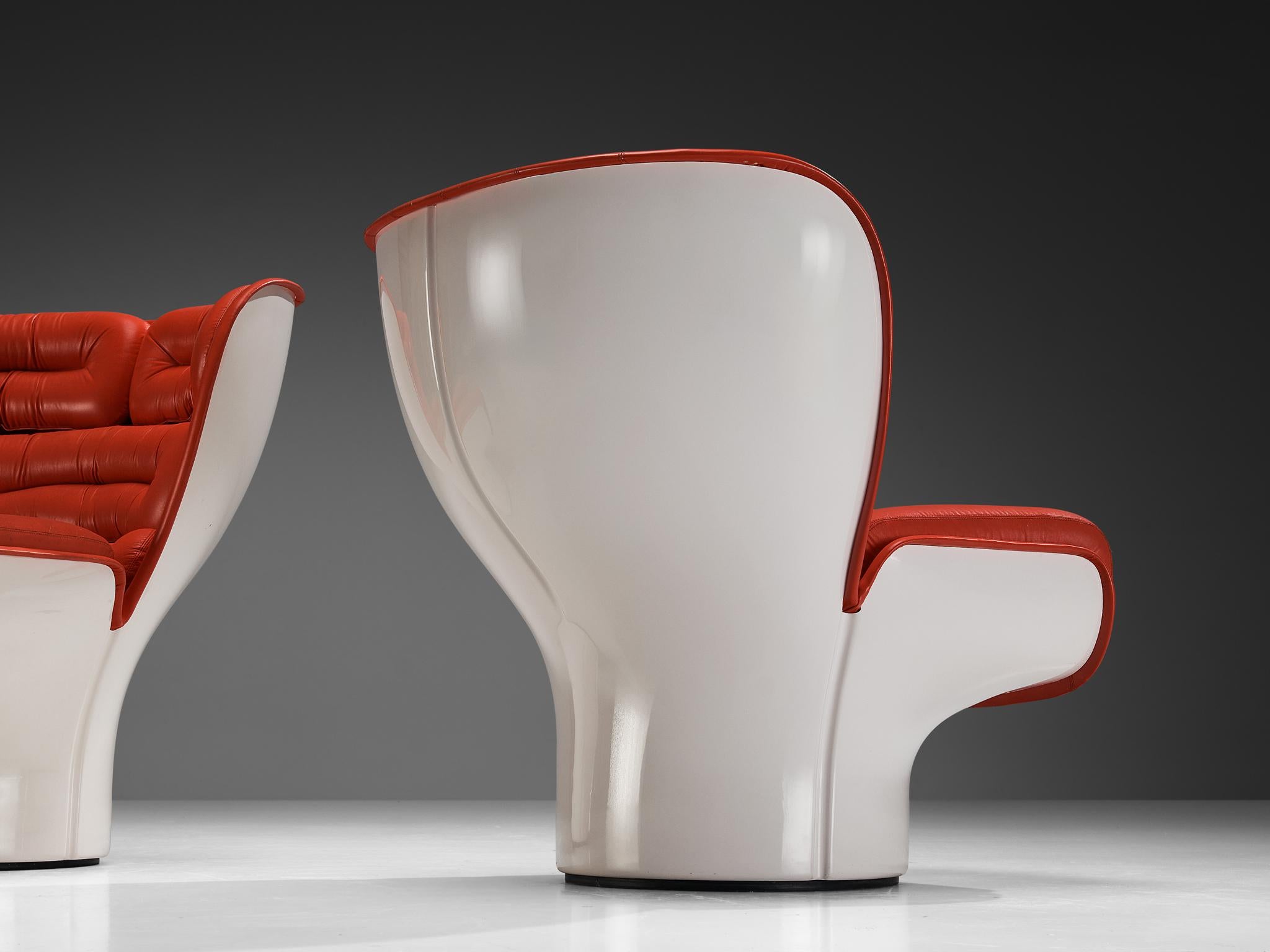 Post-Modern Joe Colombo for Comfort 'Elda' Lounge Chairs in Red Leather and Fiberglass