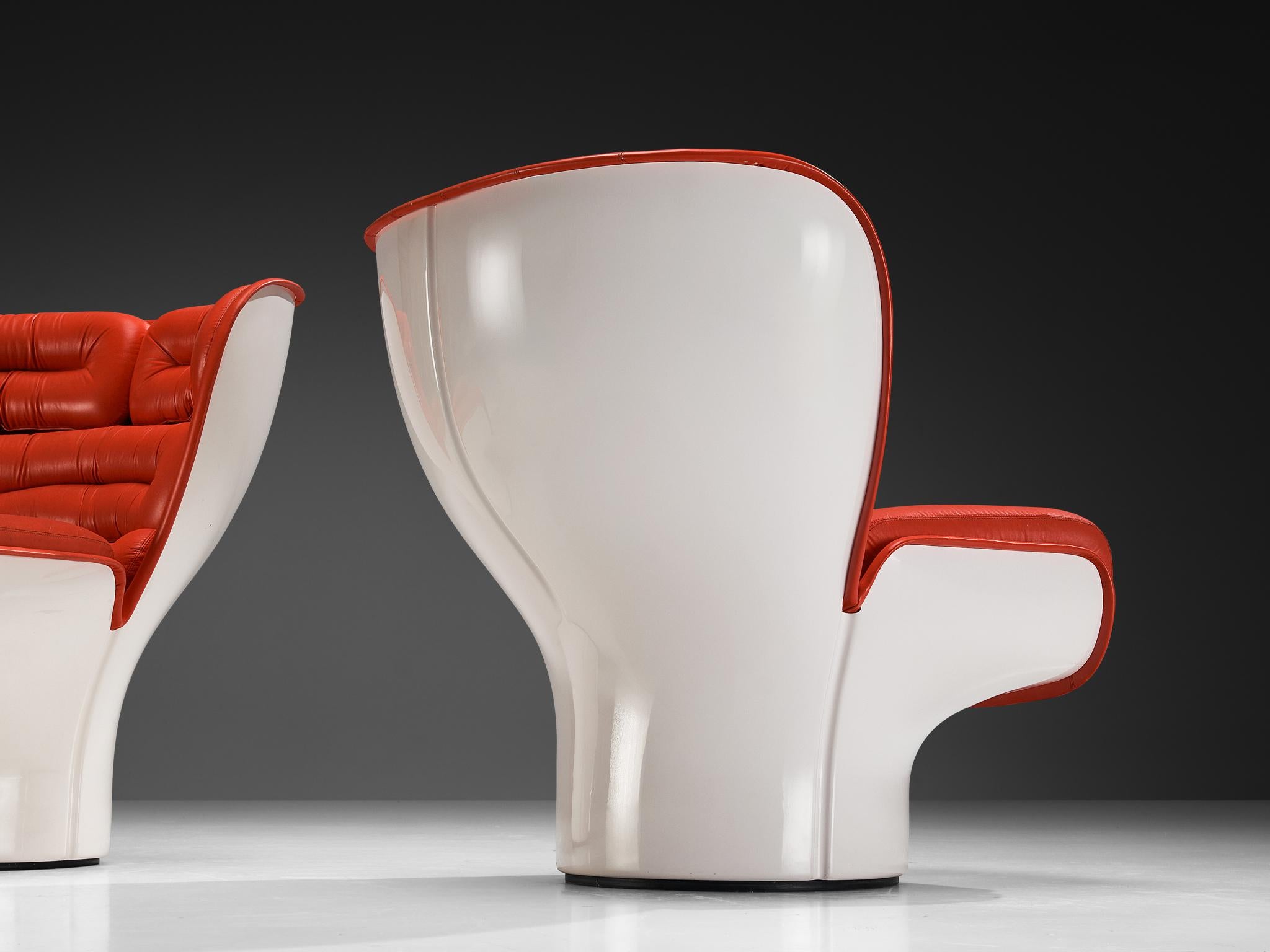 Post-Modern Joe Colombo for Comfort 'Elda' Lounge Chairs in Red Leather and Fiberglass For Sale