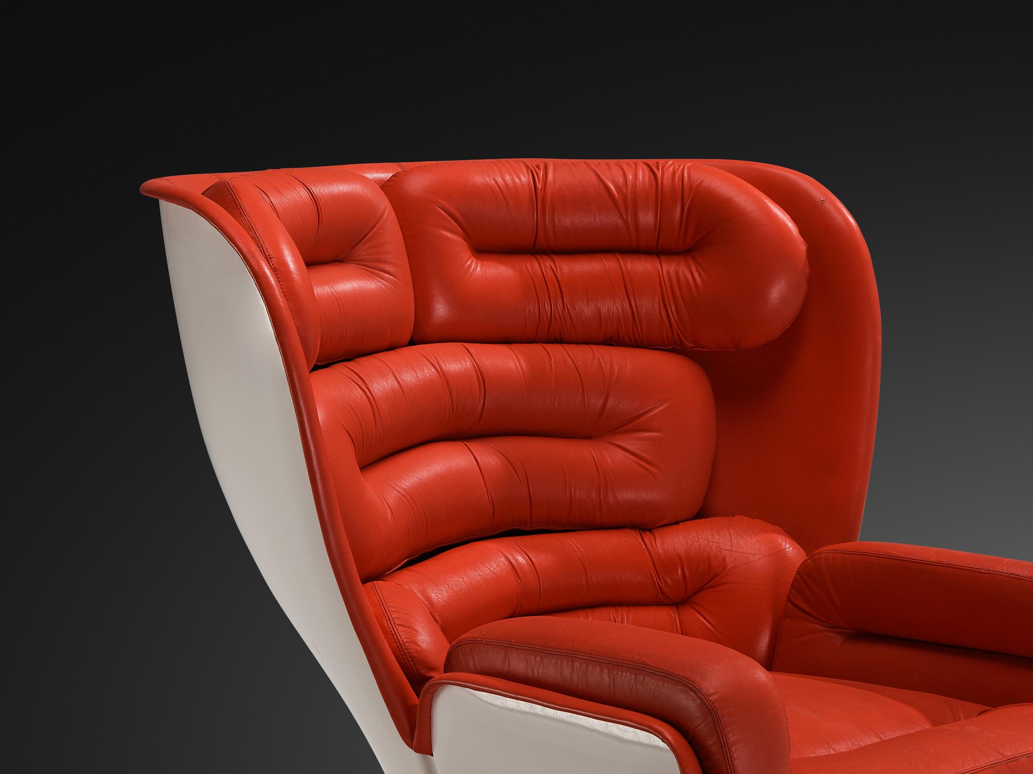 Italian Joe Colombo for Comfort 'Elda' Lounge Chairs in Red Leather and Fiberglass For Sale
