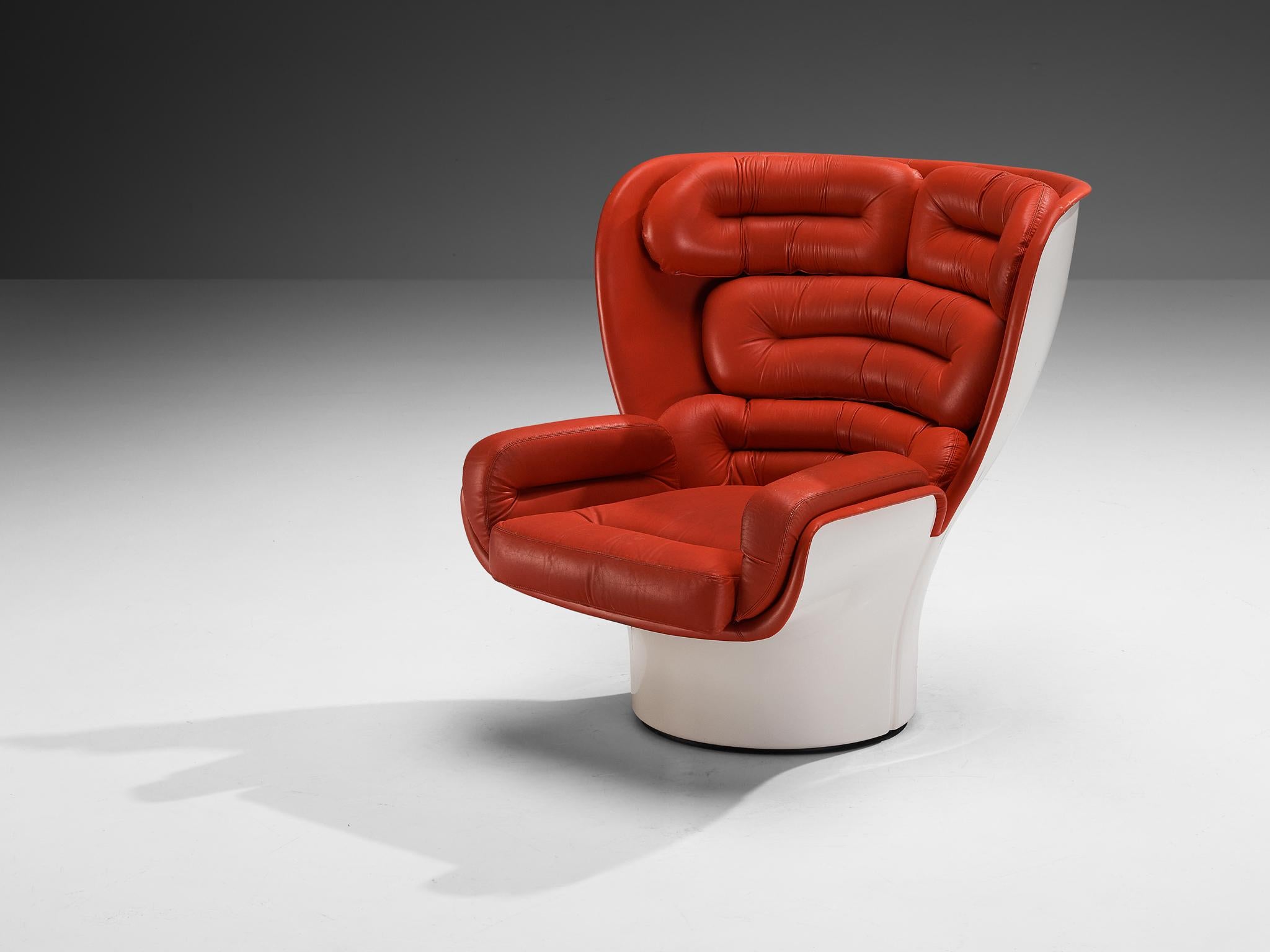 Mid-20th Century Joe Colombo for Comfort 'Elda' Lounge Chairs in Red Leather and Fiberglass