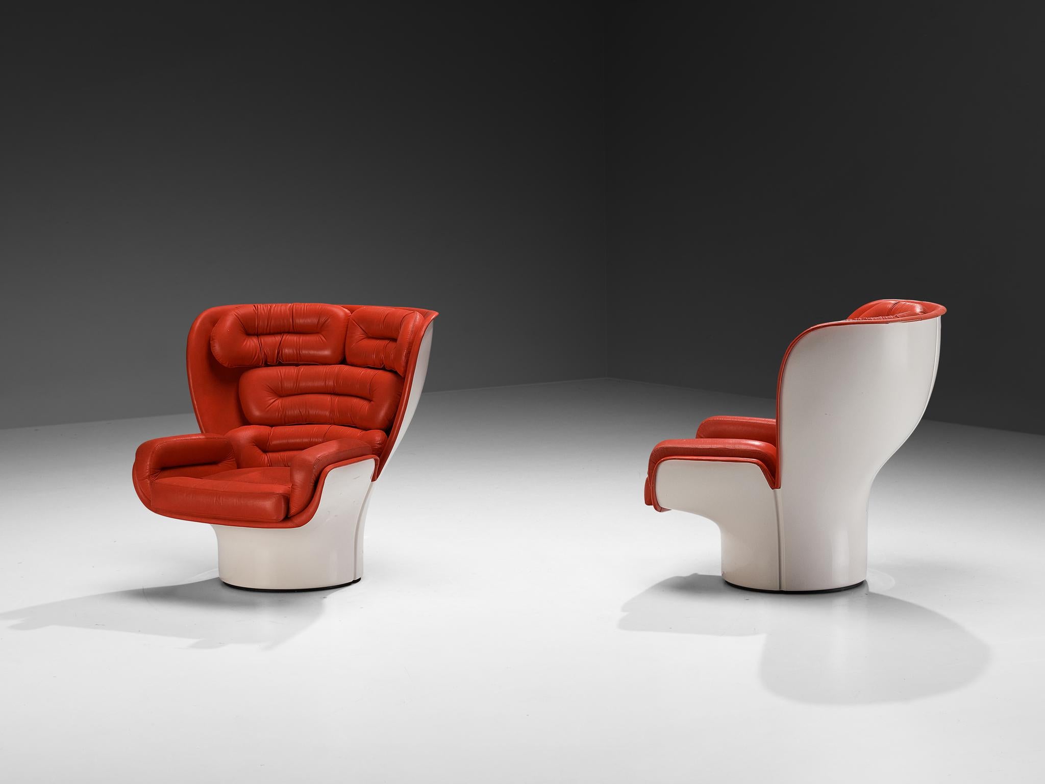 Joe Colombo for Comfort 'Elda' Lounge Chairs in Red Leather and Fiberglass 1