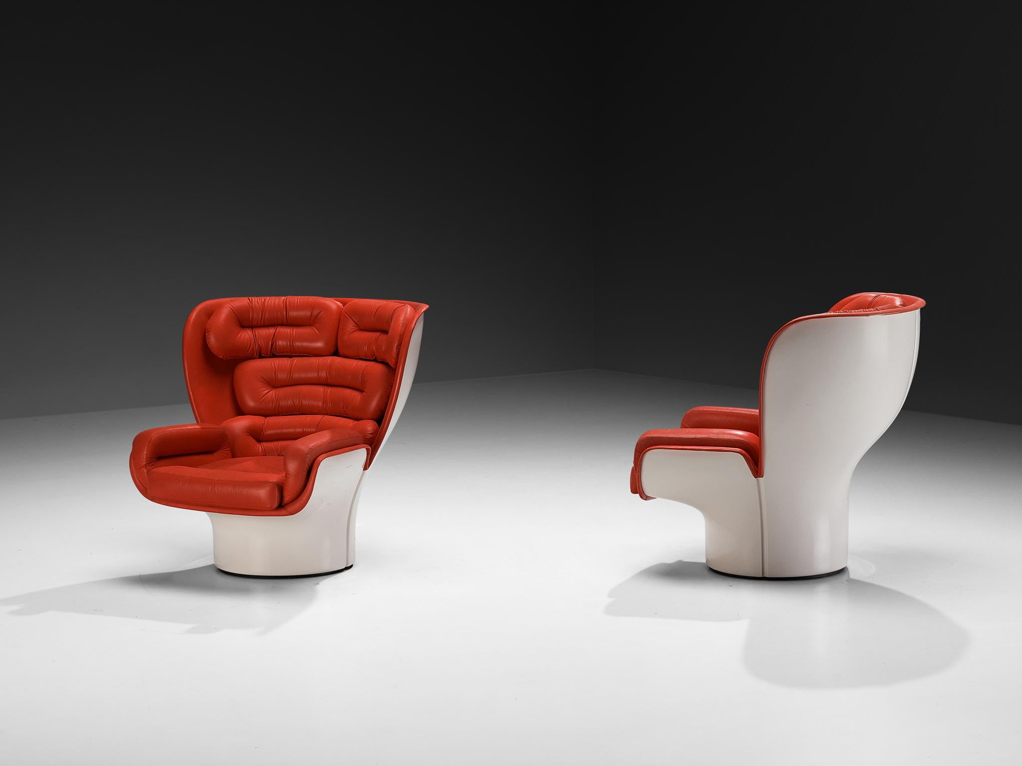 Joe Colombo for Comfort 'Elda' Lounge Chairs in Red Leather and Fiberglass For Sale 1