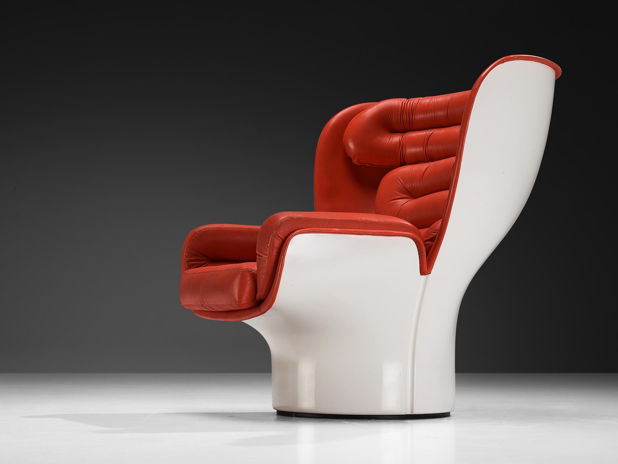 Joe Colombo for Comfort 'Elda' Lounge Chairs in Red Leather and Fiberglass For Sale 2
