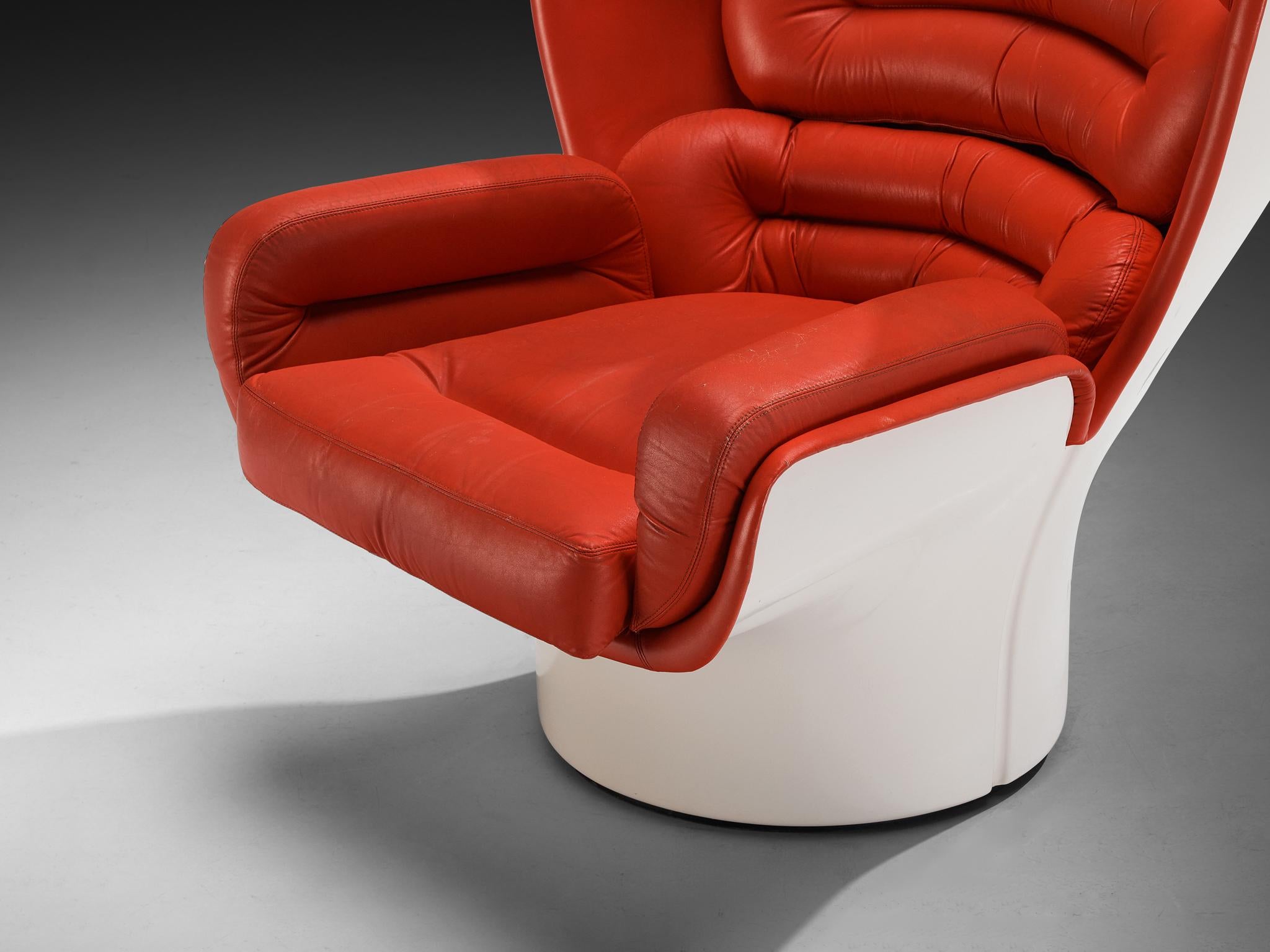 Joe Colombo for Comfort 'Elda' Lounge Chairs in Red Leather and Fiberglass For Sale 3