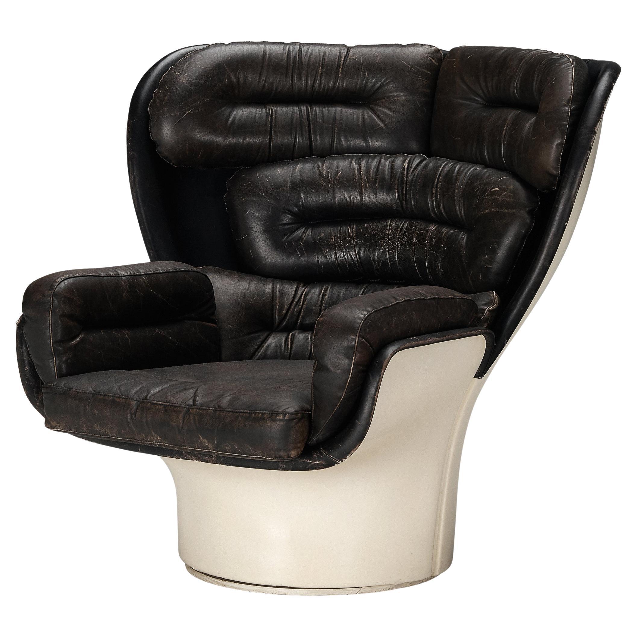 Joe Colombo for Comfort Lounge Chair 'Elda' in Black Leather and Fiberglass