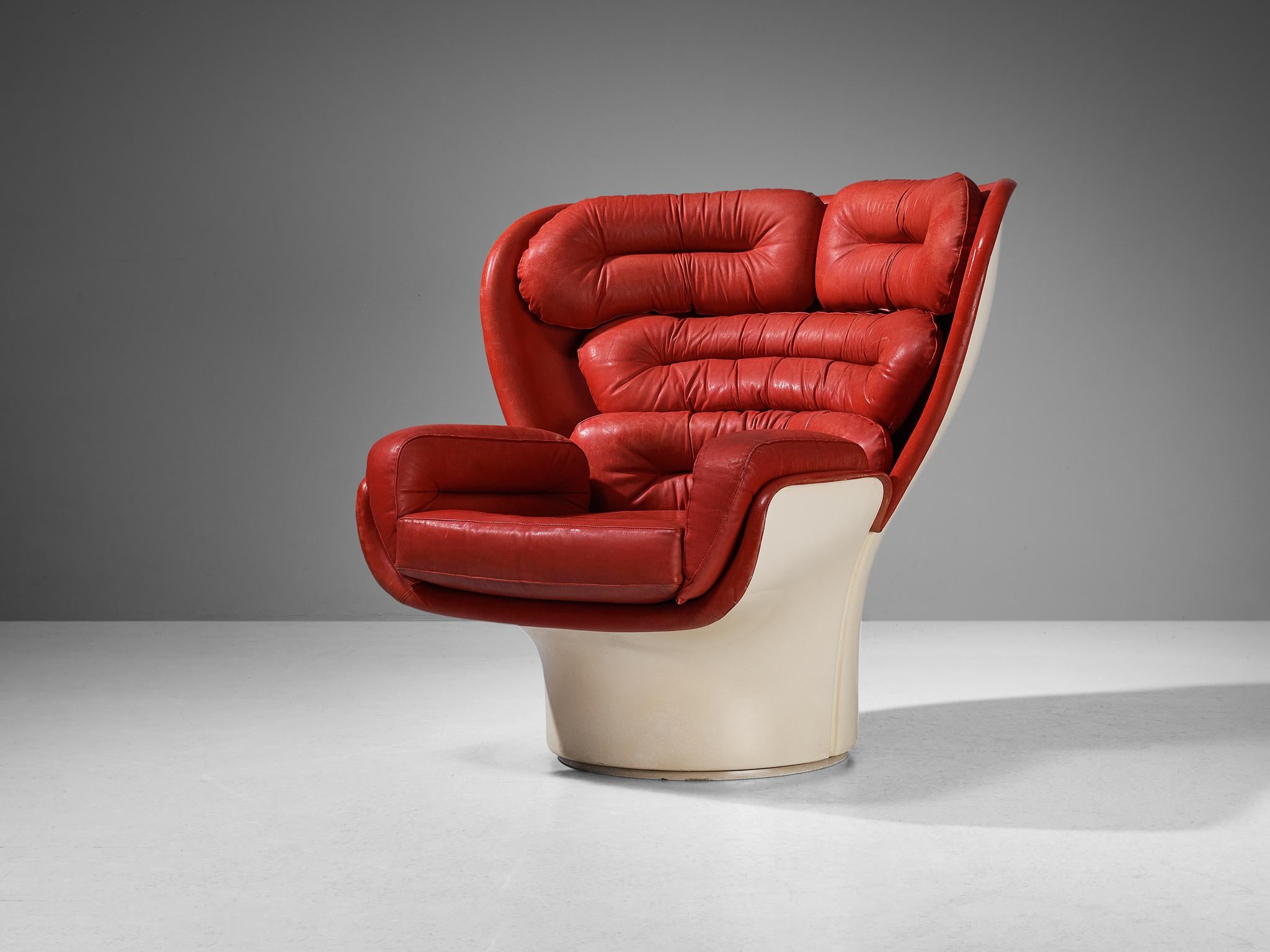 Joe Colombo for Comfort, lounge chair ‘Elda’, fiberglass, red leather, Italy, design 1963, later production 

The ‘Elda’ chair is one of the most well-known designs of Italian designer Joe Colombo. This lounge chair is one of the first designs using