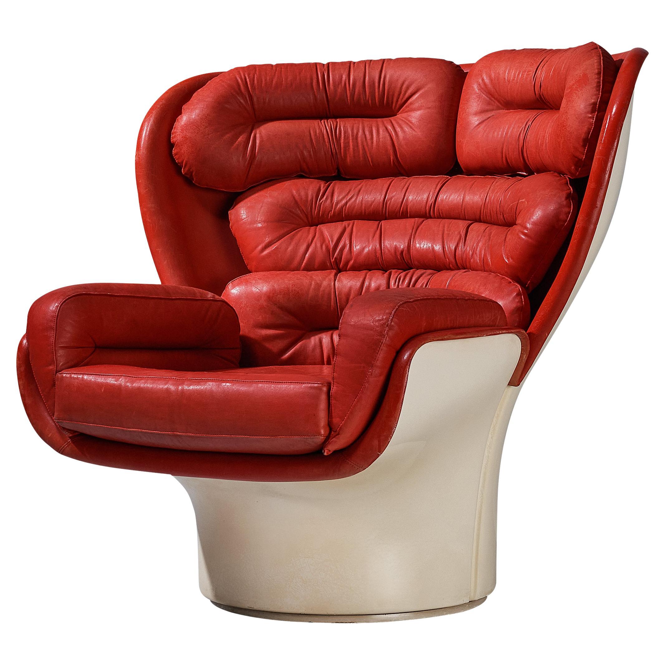 Joe Colombo for Comfort Lounge Chair 'Elda' in Red Leather and Fiberglass 