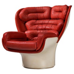 Vintage Joe Colombo for Comfort Lounge Chair 'Elda' in Red Leather and Fiberglass 