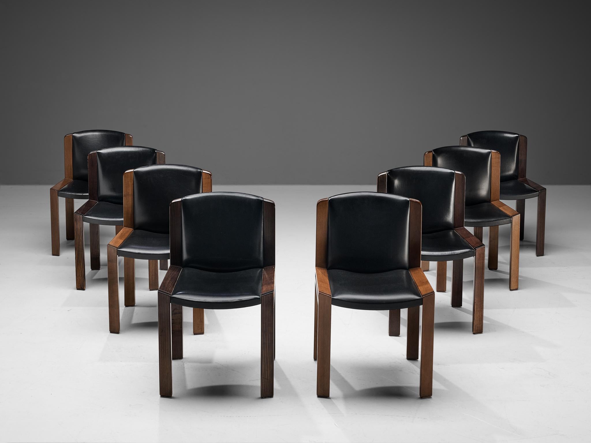Joe Colombo for Pozzi, dining chairs model '300', leatherette, ash, Italy, 1966. 

Functionalist set of eight dining chairs is designed by Joe Colombo in 1966. Colombo's fascination with functionality meant he always focused on the user, which