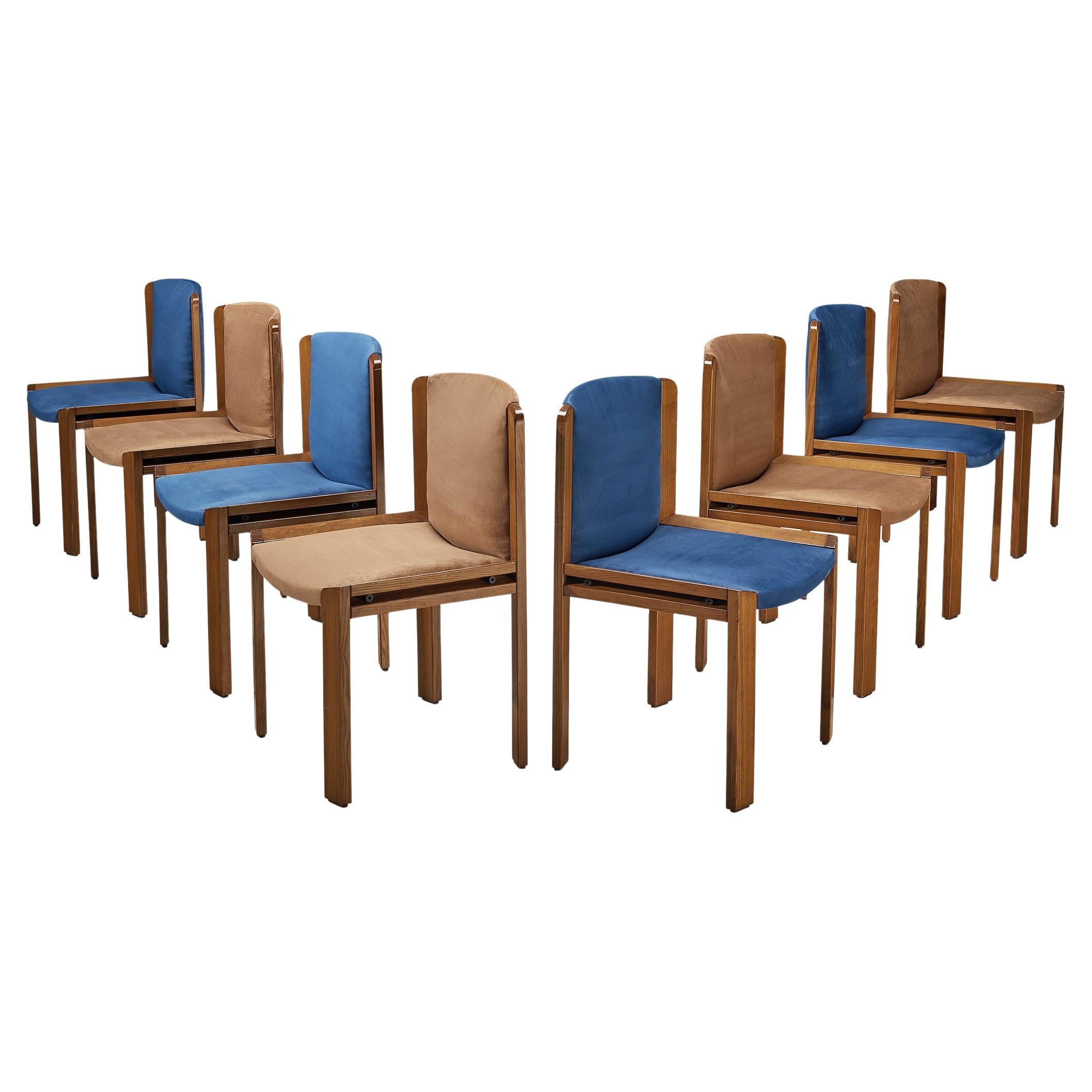 Joe Colombo for Pozzi Set of Eight Dining Chairs in Blue and Beige Upholstery