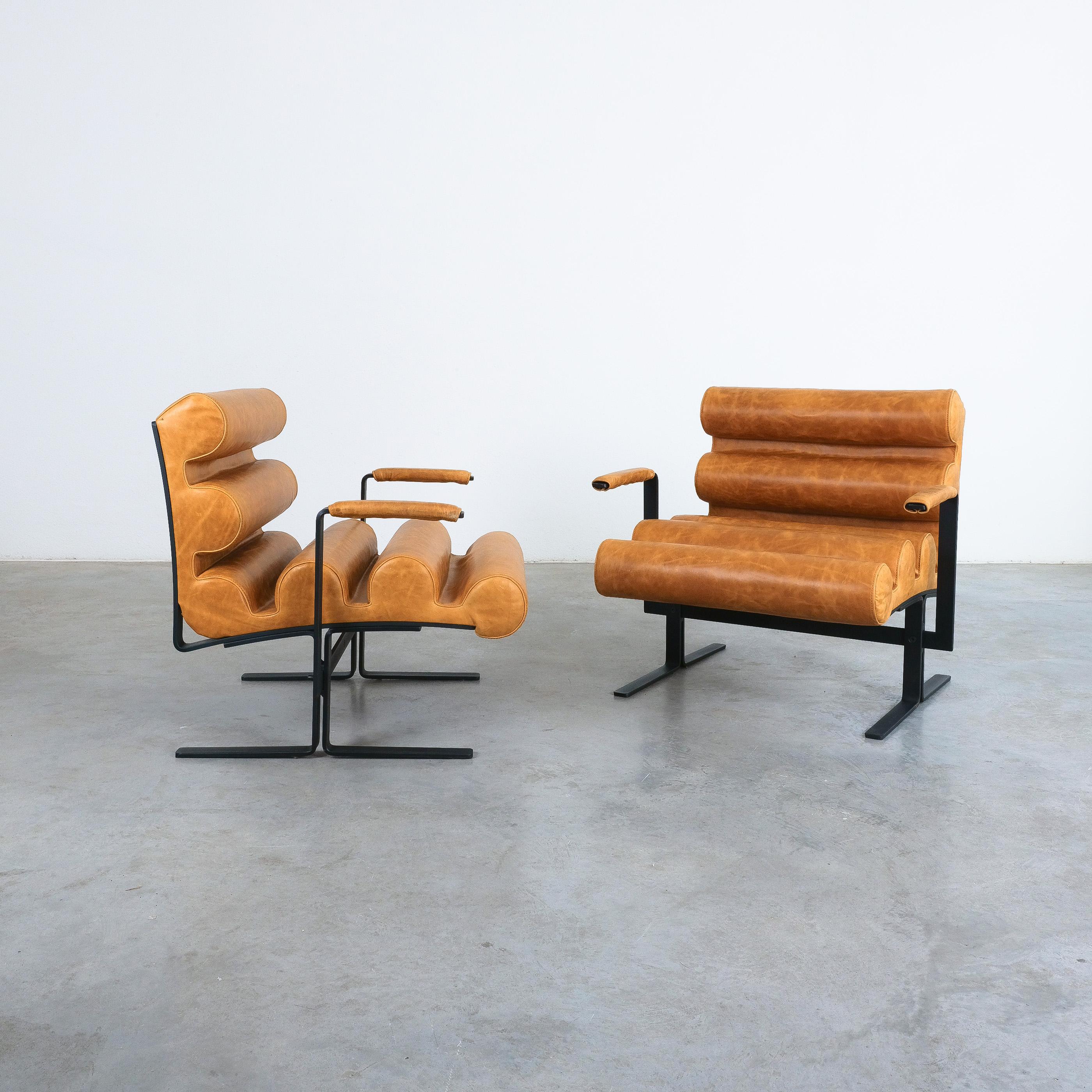 Joe Colombo For Sormani Roll Brown Leather Spring Steel Armchair Pair (2) , 1962 For Sale 7
