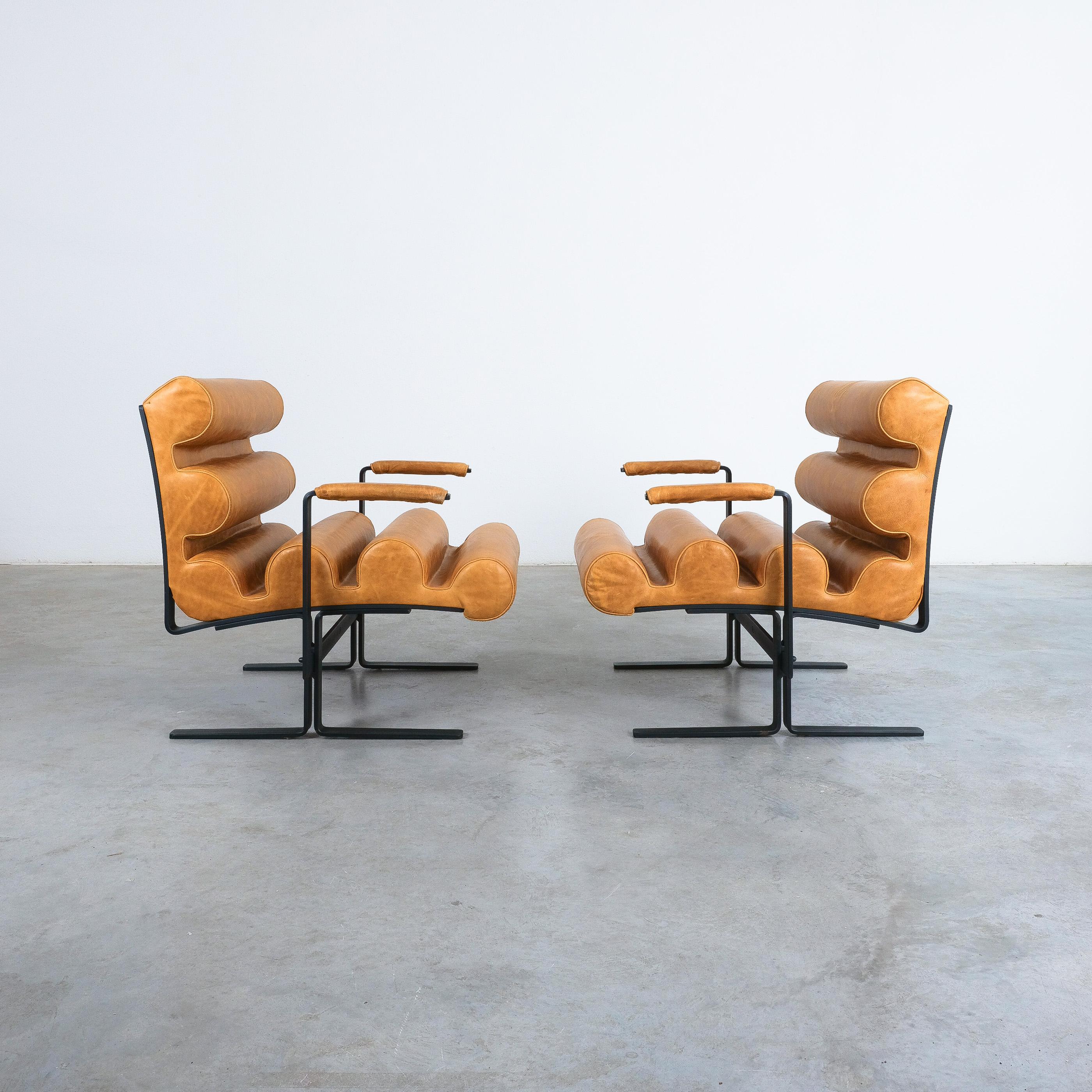 Joe Colombo For Sormani Roll Brown Leather Spring Steel Armchair Pair (2) , 1962 For Sale 8