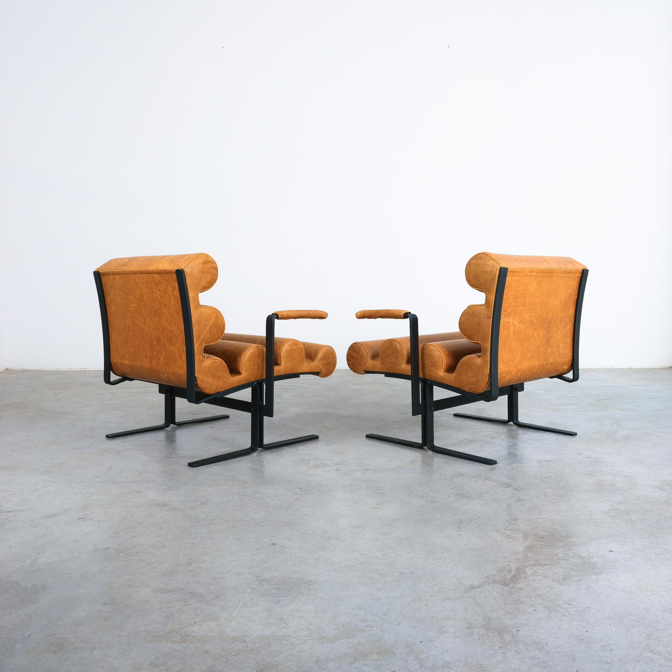 Joe Colombo For Sormani Roll Brown Leather Spring Steel Armchair Pair (2) , 1962 For Sale 9