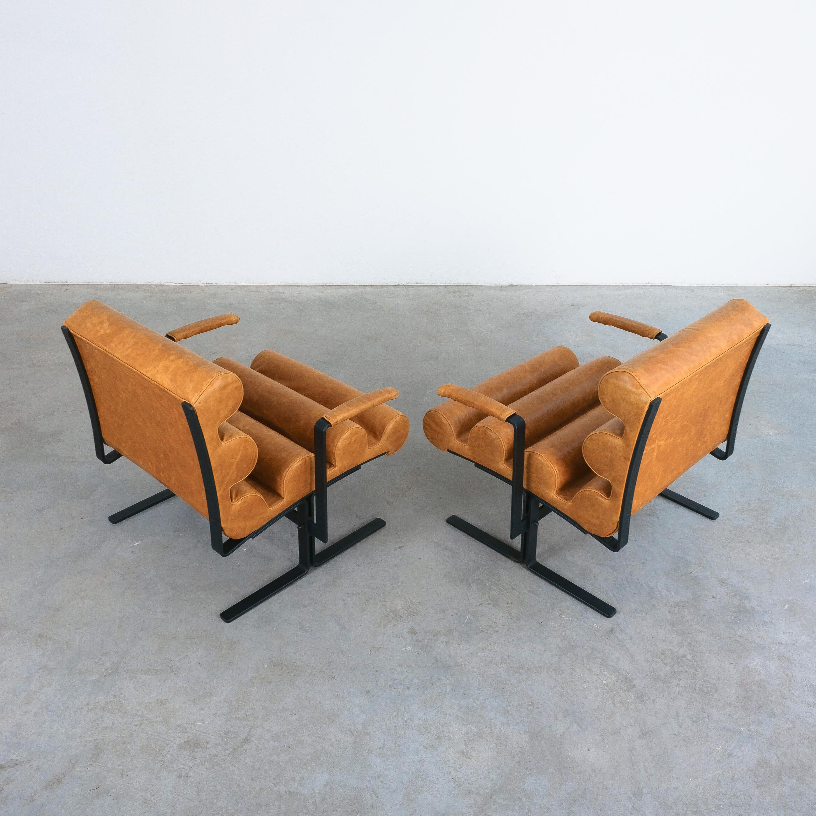 Joe Colombo For Sormani Roll Brown Leather Spring Steel Armchair Pair (2) , 1962 For Sale 12