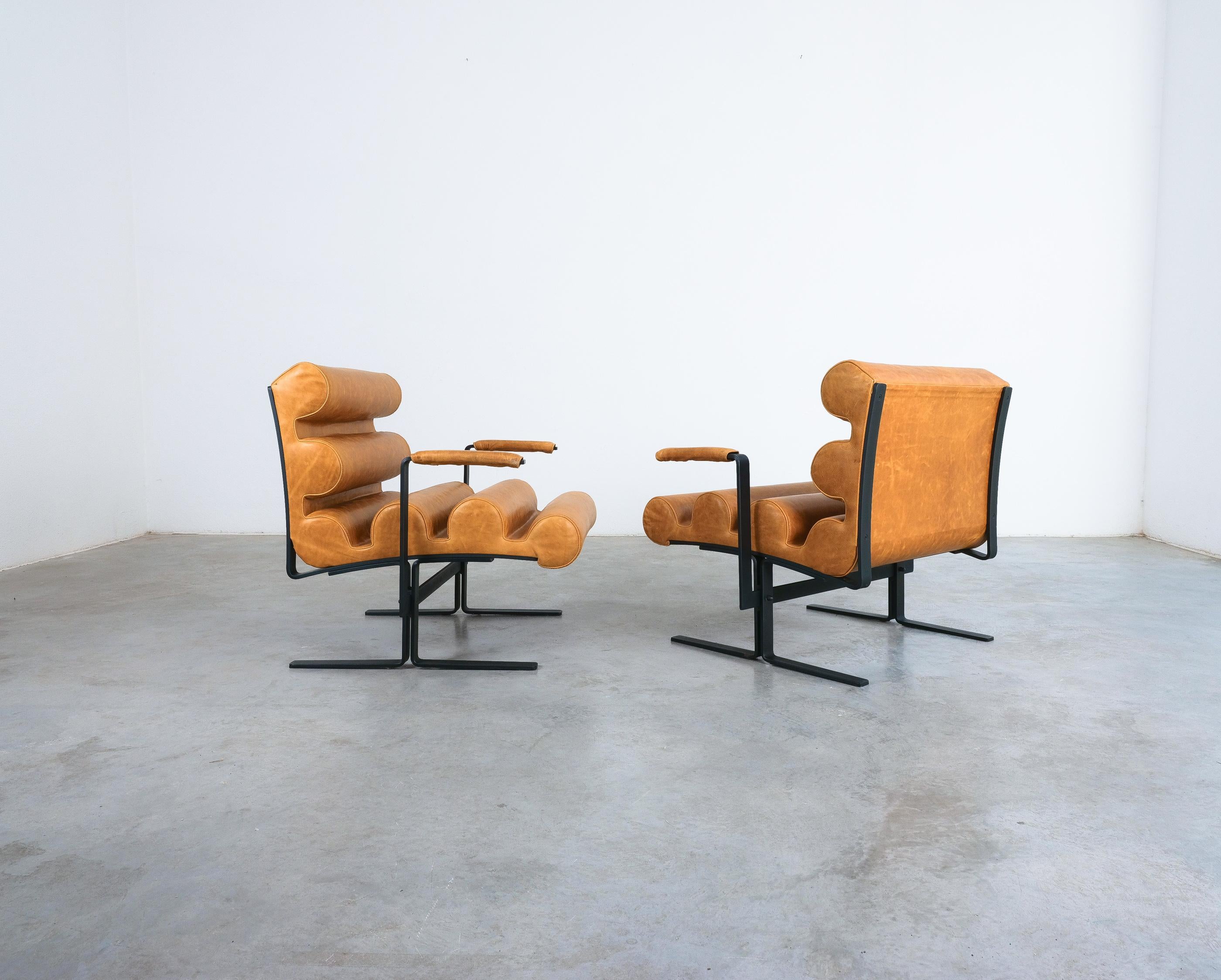 Italian Joe Colombo For Sormani Roll Brown Leather Spring Steel Armchair Pair (2) , 1962 For Sale
