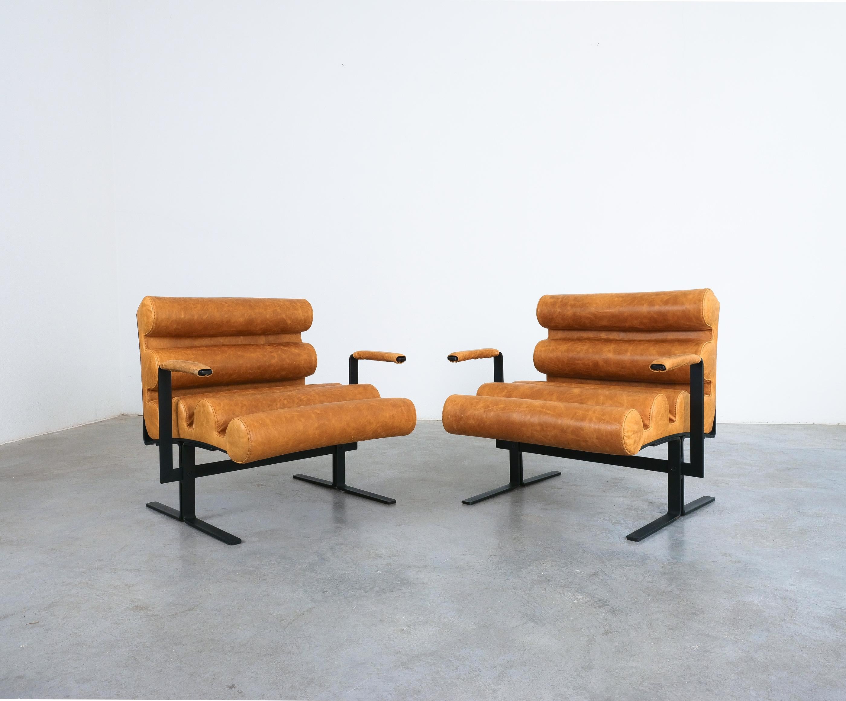 Joe Colombo For Sormani Roll Brown Leather Spring Steel Armchair Pair (2) , 1962 In Good Condition For Sale In Vienna, AT
