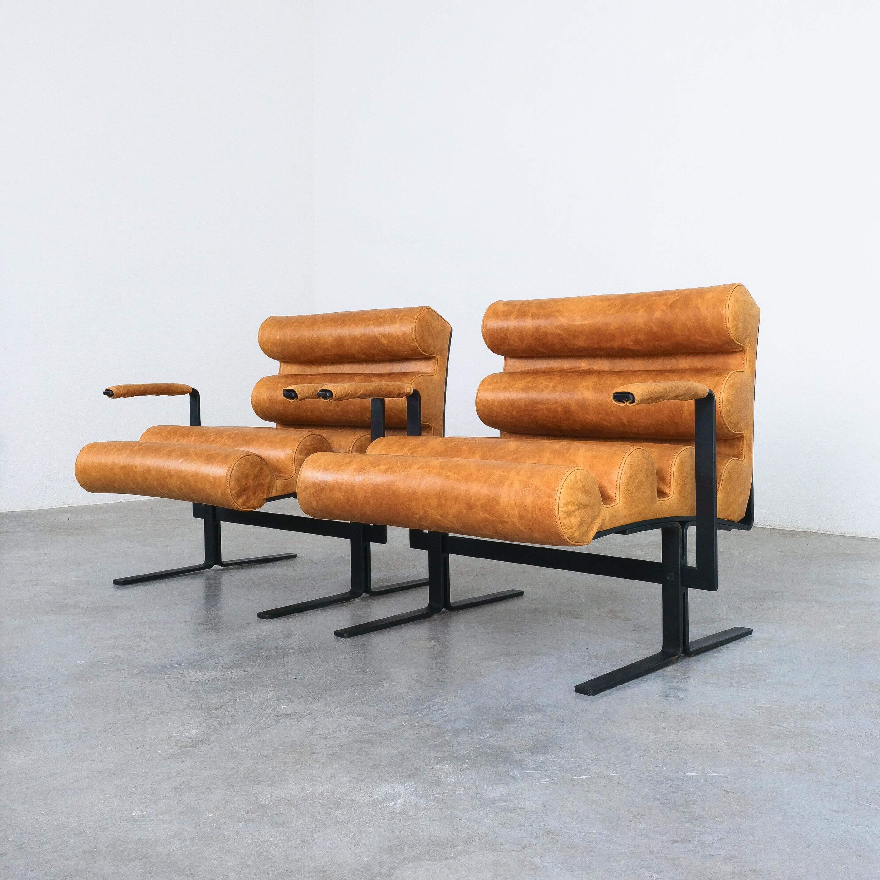Mid-20th Century Joe Colombo For Sormani Roll Brown Leather Spring Steel Armchair Pair (2) , 1962 For Sale