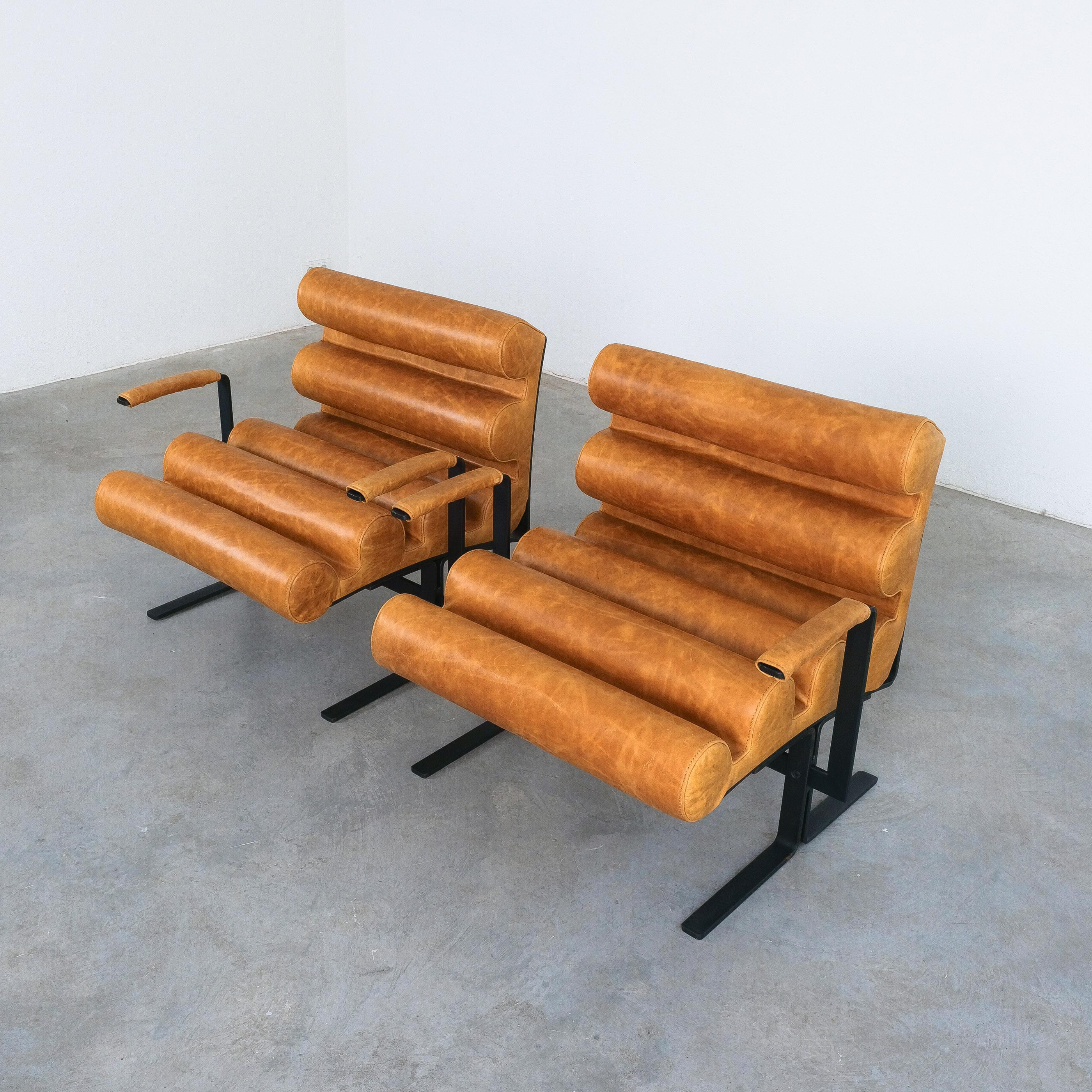 Joe Colombo For Sormani Roll Brown Leather Spring Steel Armchair Pair (2) , 1962 For Sale 1