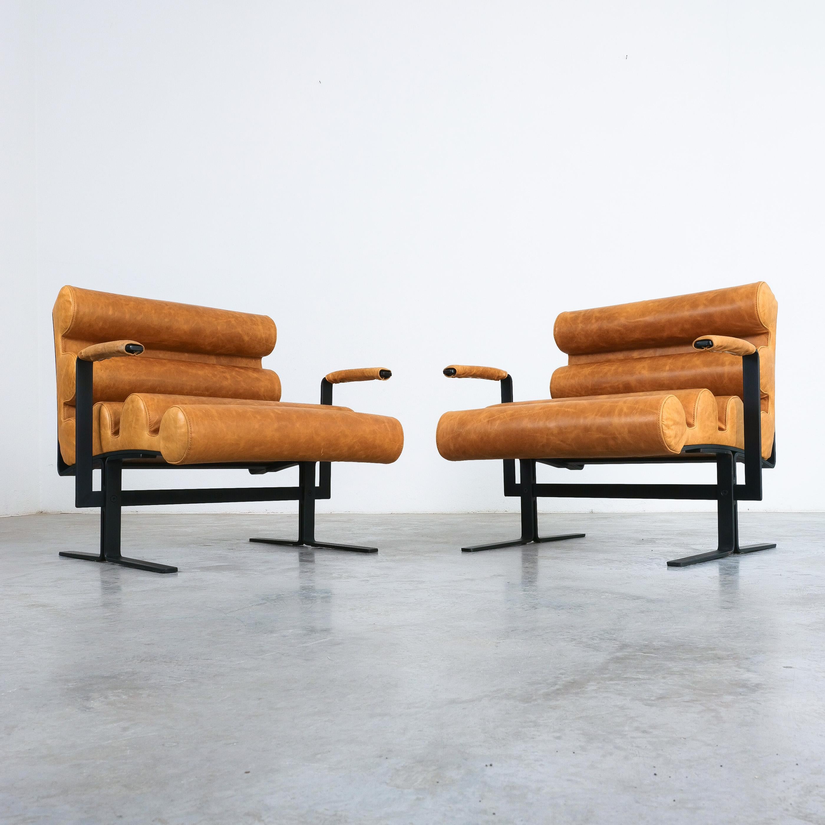 Joe Colombo For Sormani Roll Brown Leather Spring Steel Armchair Pair (2) , 1962 For Sale 2