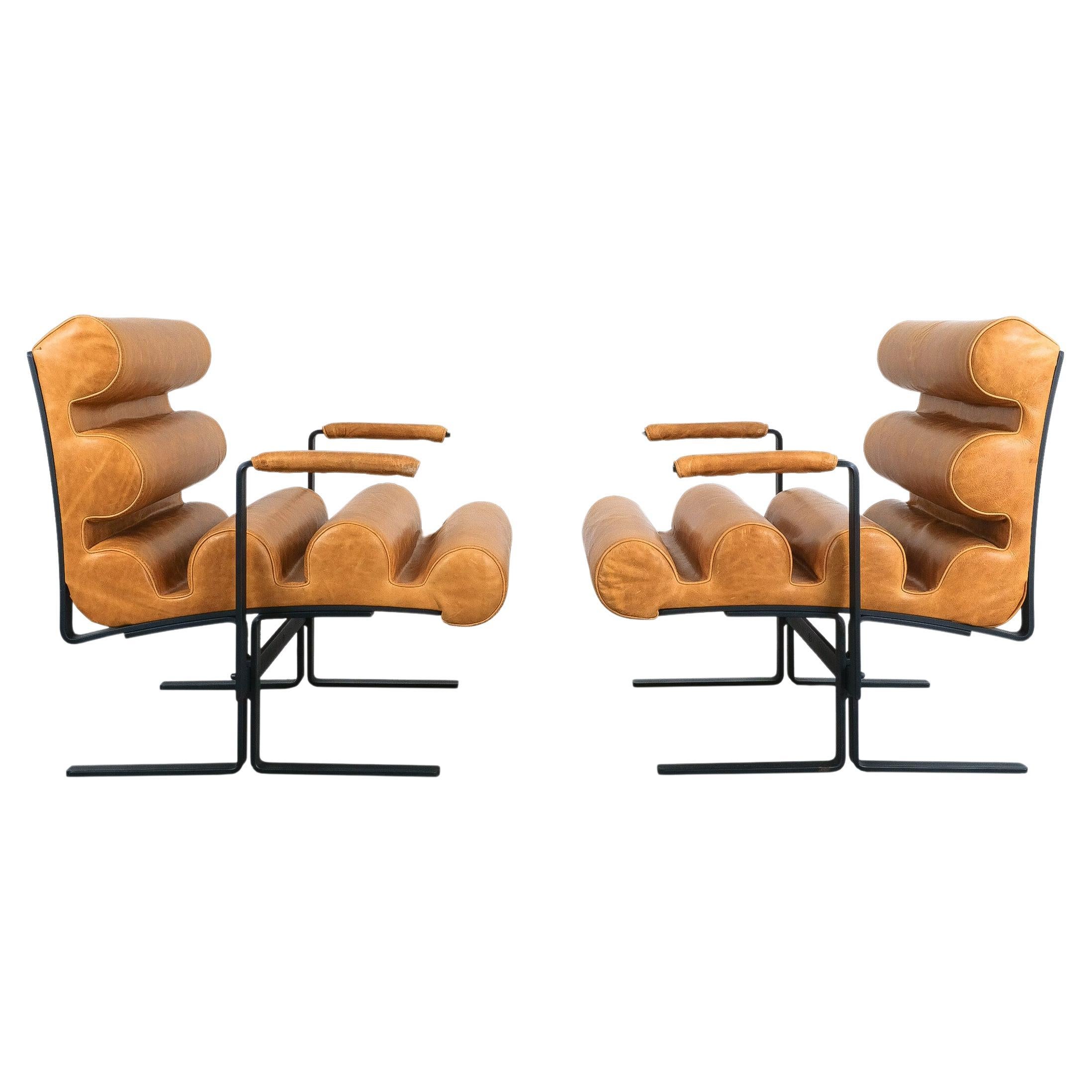 Joe Colombo For Sormani Roll Brown Leather Spring Steel Armchair Pair (2) , 1962