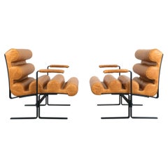 Joe Colombo For Sormani Roll Brown Leather Spring Steel Armchair Pair (2) , 1962
