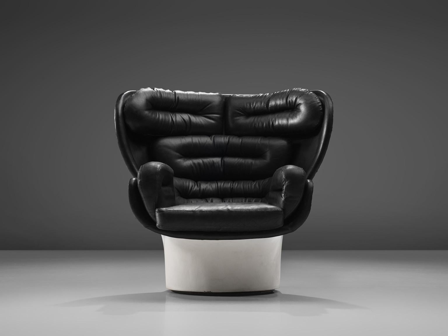 Mid-Century Modern Joe Colombo Iconic ‘Elda’ Lounge Chair in Black Leather and Fiberglass