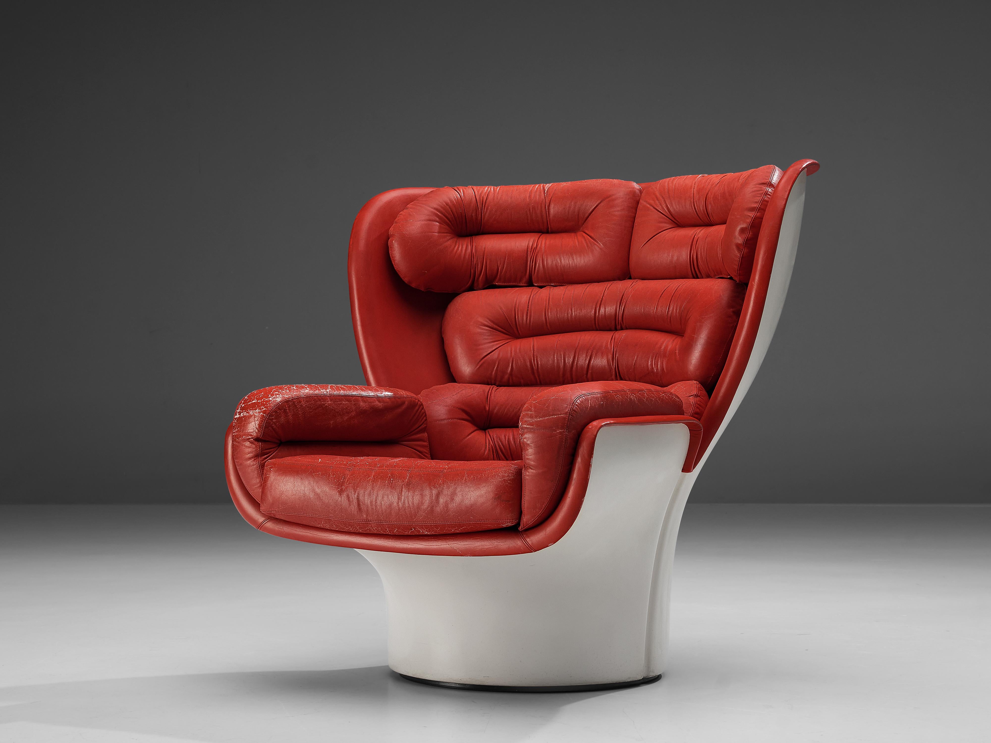 Joe Colombo for Comfort, lounge chair ‘Elda’, fiberglass, patinated red leather, Italy, design 1963, later production 

The ‘Elda’ chair is one of the most well-known designs of Italian designer Joe Colombo. This lounge chair is one of the first