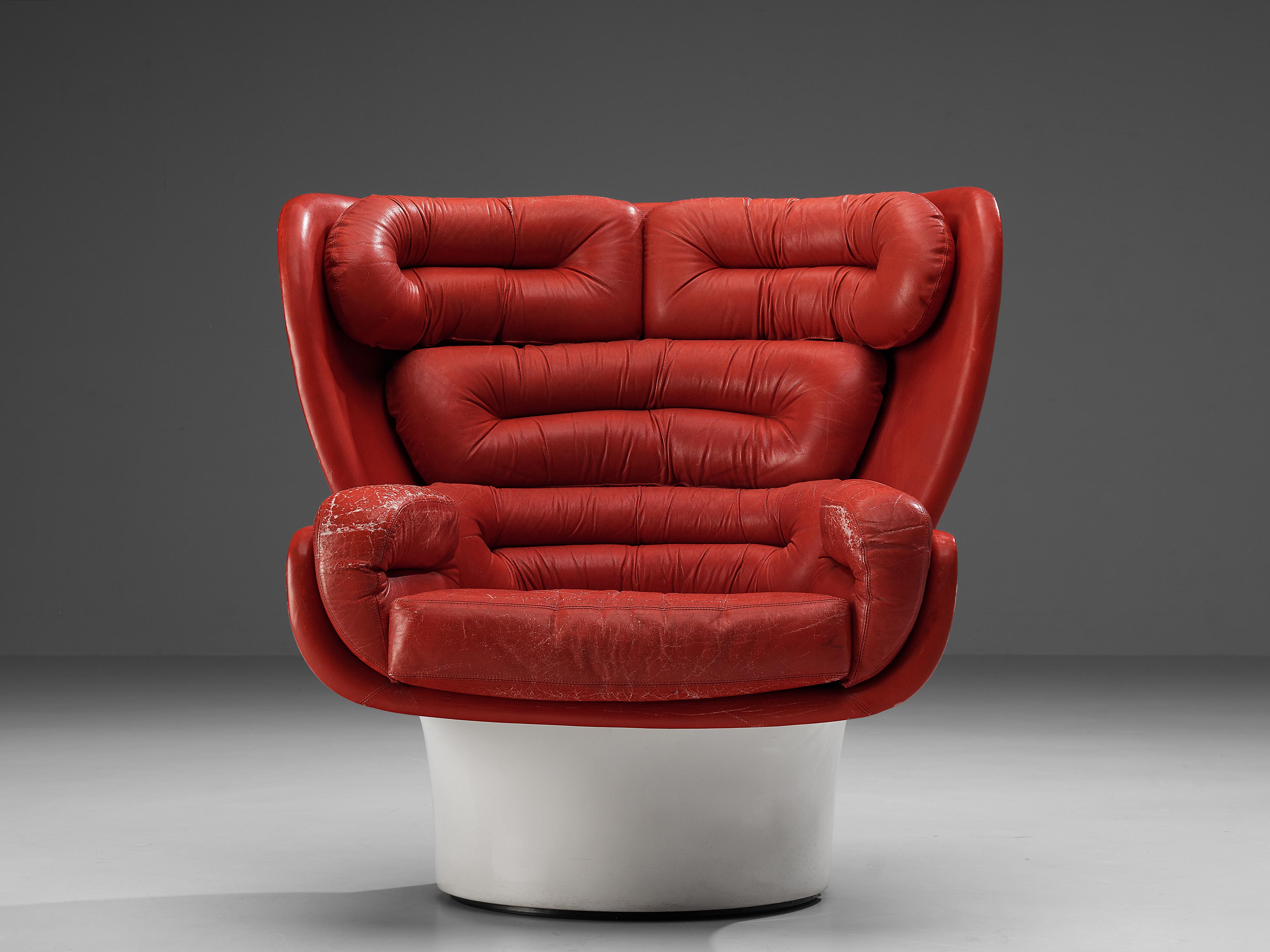 Mid-Century Modern Joe Colombo Iconic ‘Elda’ Lounge Chair in Patinated Red Leather and Fiberglass