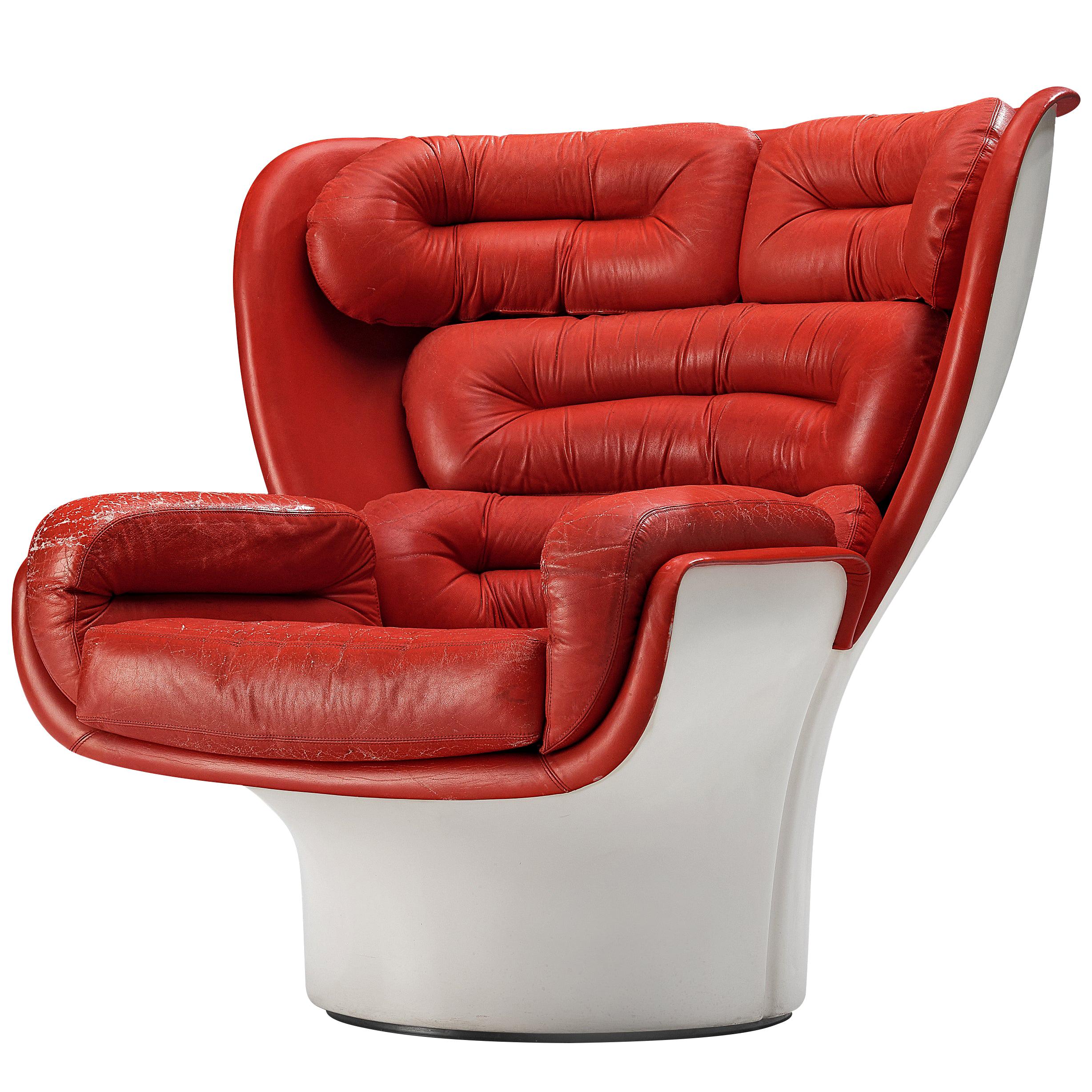 Joe Colombo Iconic ‘Elda’ Lounge Chair in Patinated Red Leather and Fiberglass