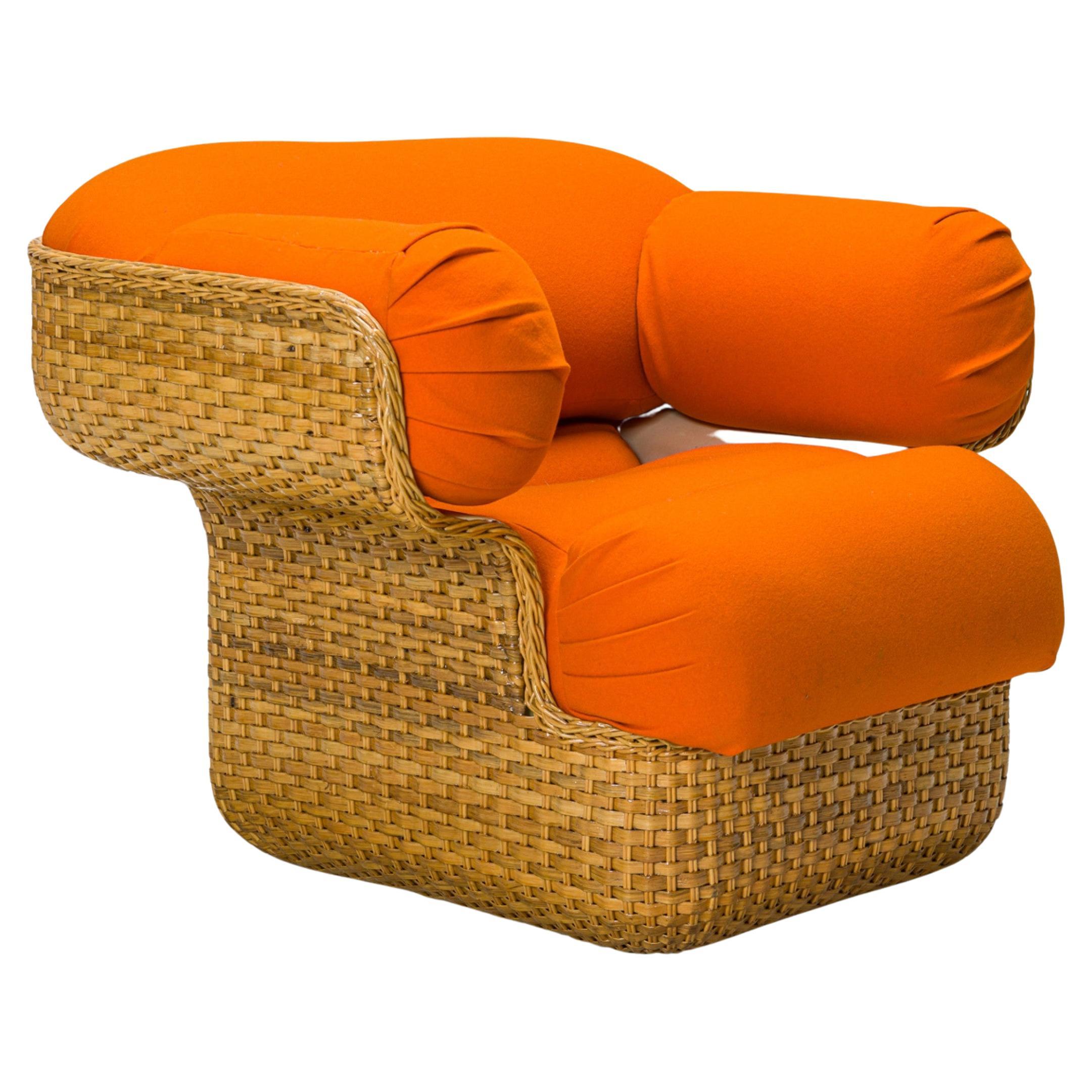 Joe Colombo Italian Mid-Century Wicker Orange Upholstery Lounge Armchair For Sale