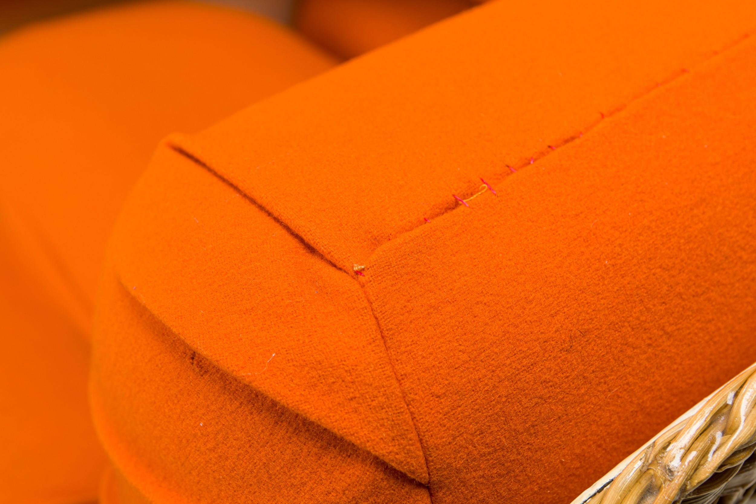 Joe Colombo Italian Wicker and Bright Orange Upholstery Lounge Armchair For Sale 4