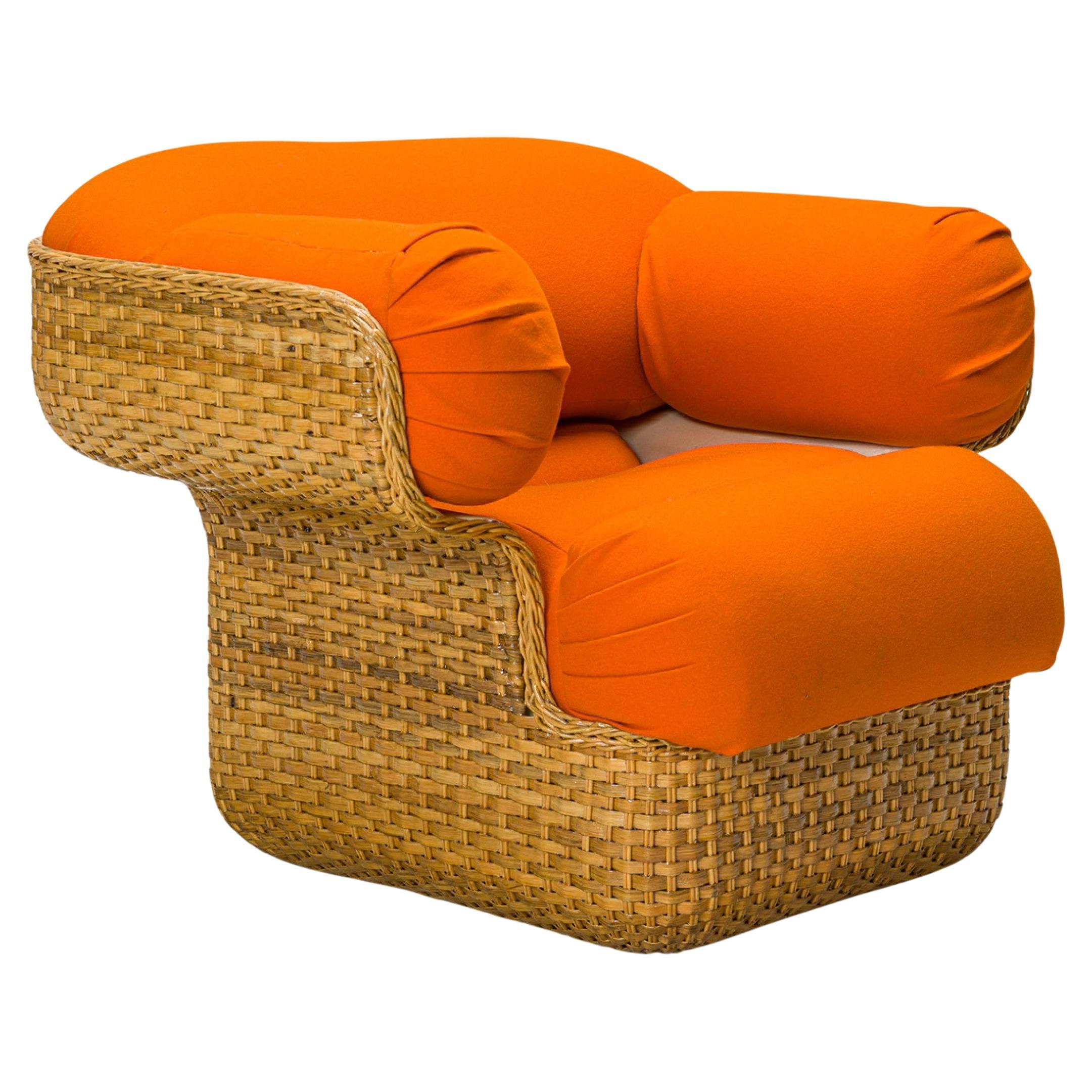 Joe Colombo Italian Wicker and Bright Orange Upholstery Lounge Armchair