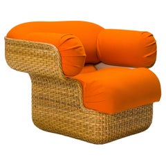 Vintage Joe Colombo Italian Wicker and Bright Orange Upholstery Lounge Armchair