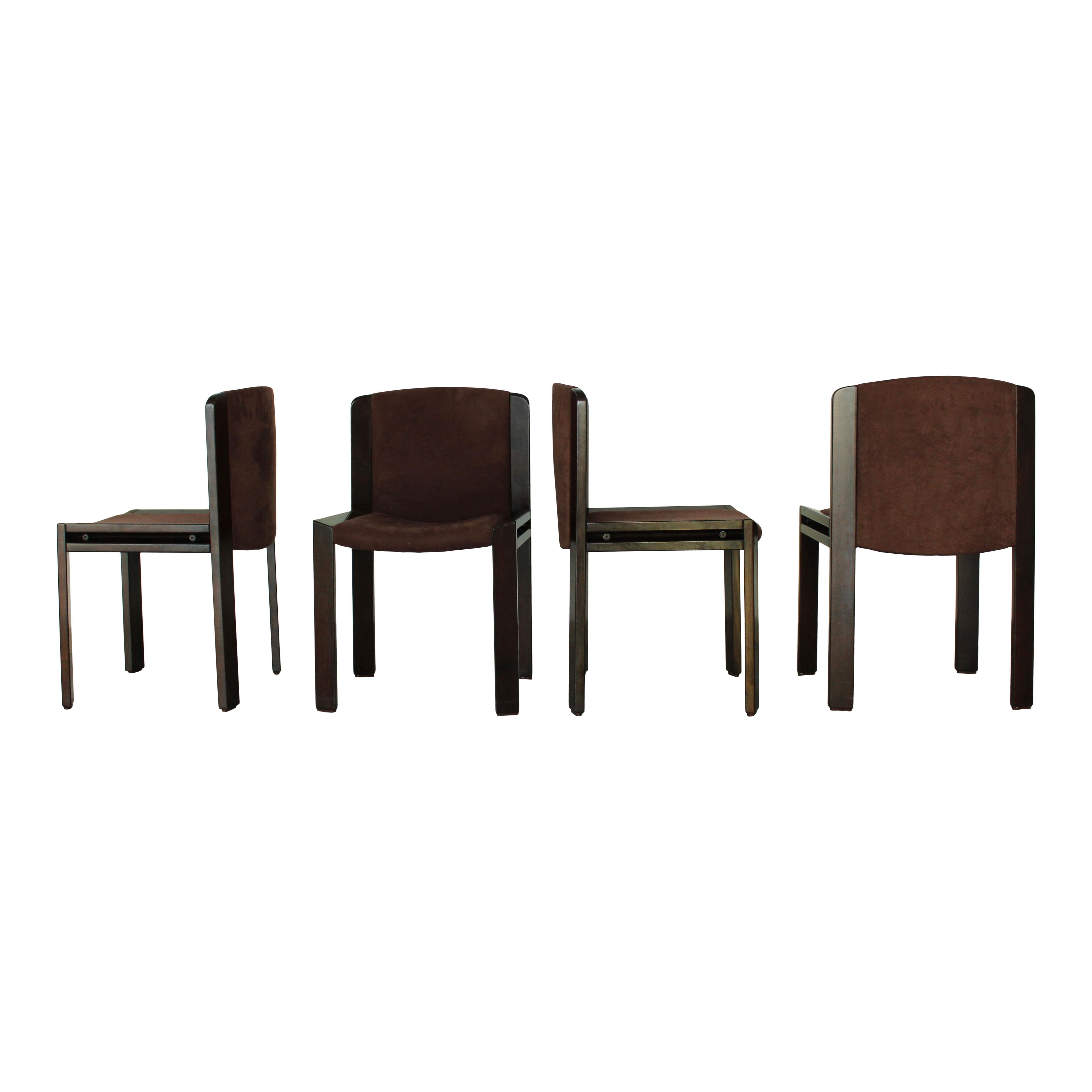 Set of four dining chairs model “300,” designed by Joe Colombo for the Italian manufacturer Pozzi 1966.

Walnut, padding covered in brown velvet.

Measures: Height 78 cm, width 48.5 cm, depth 44 cm.

Literature: Domus 521 (April 1973), p. d / 578;
