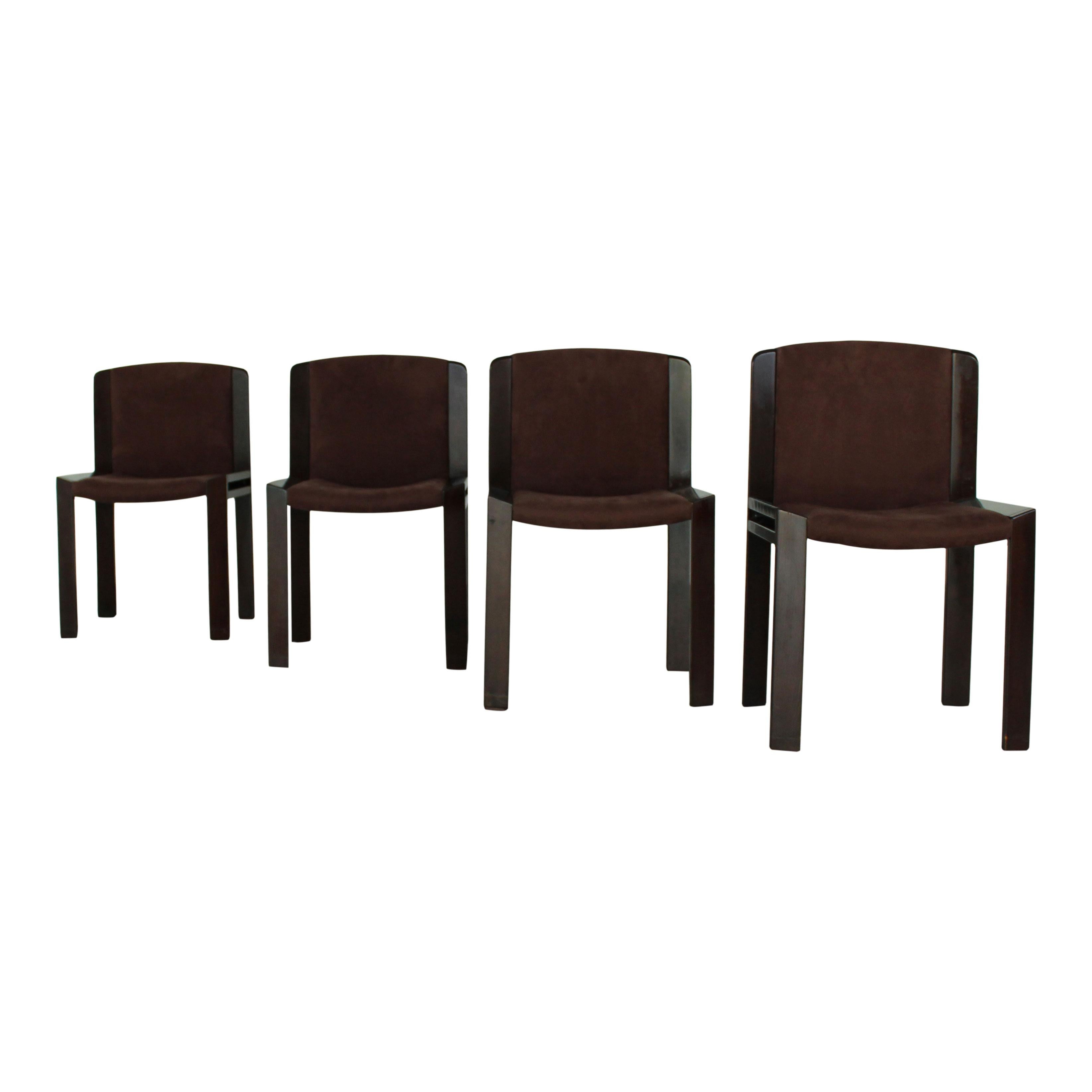 Velvet Joe Colombo Midcentury Walnut Model 300 Dining Chair for Pozzi, 1966, Set of 4 For Sale