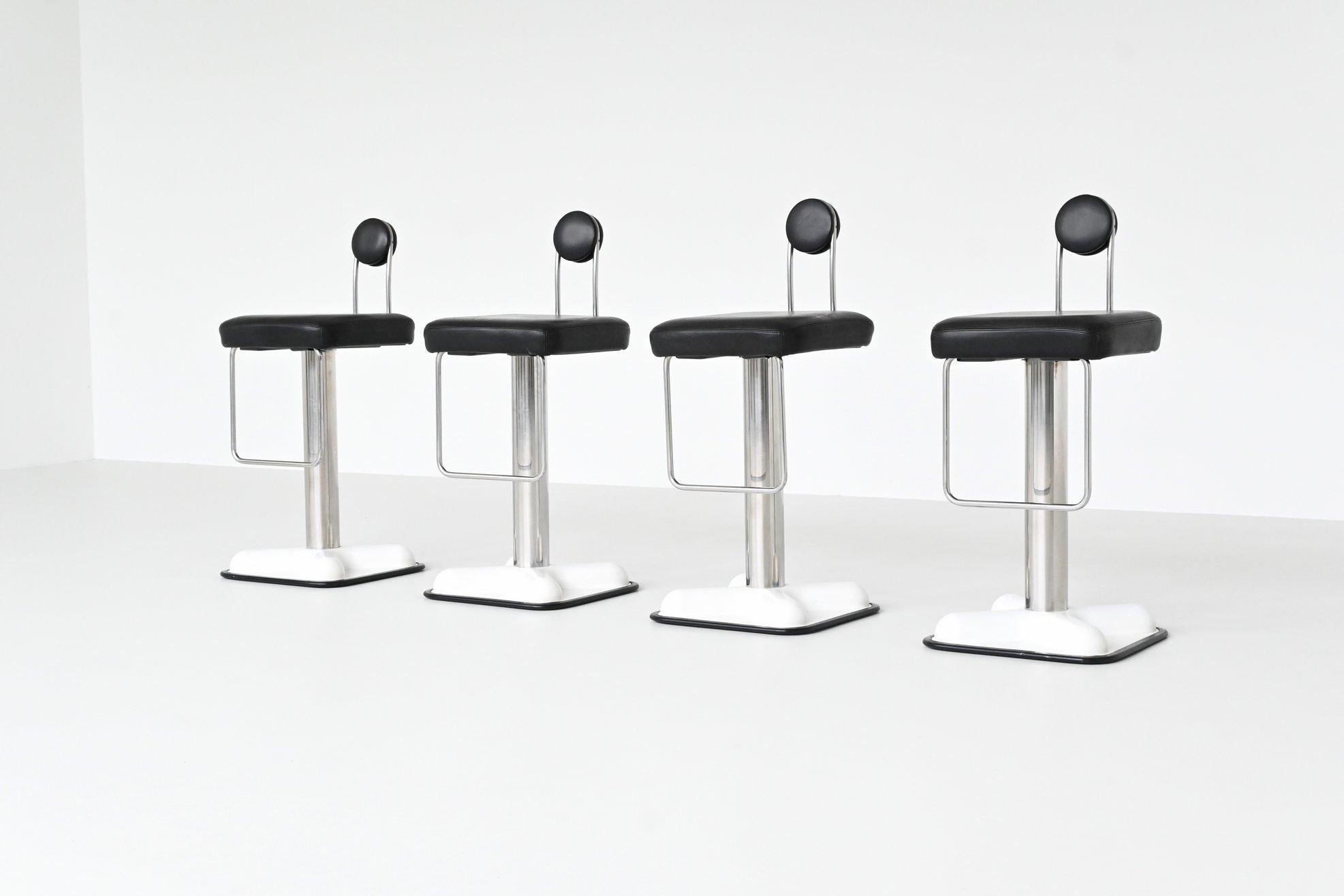Iconic set of four bar stools model Birillo designed by Joe Colombo for Zanotta, Italy 1971. These pop art bar stools feature a white fibreglass base with black rubber edge, heavy duty chromed metal pole shaft with foot rest and black leather