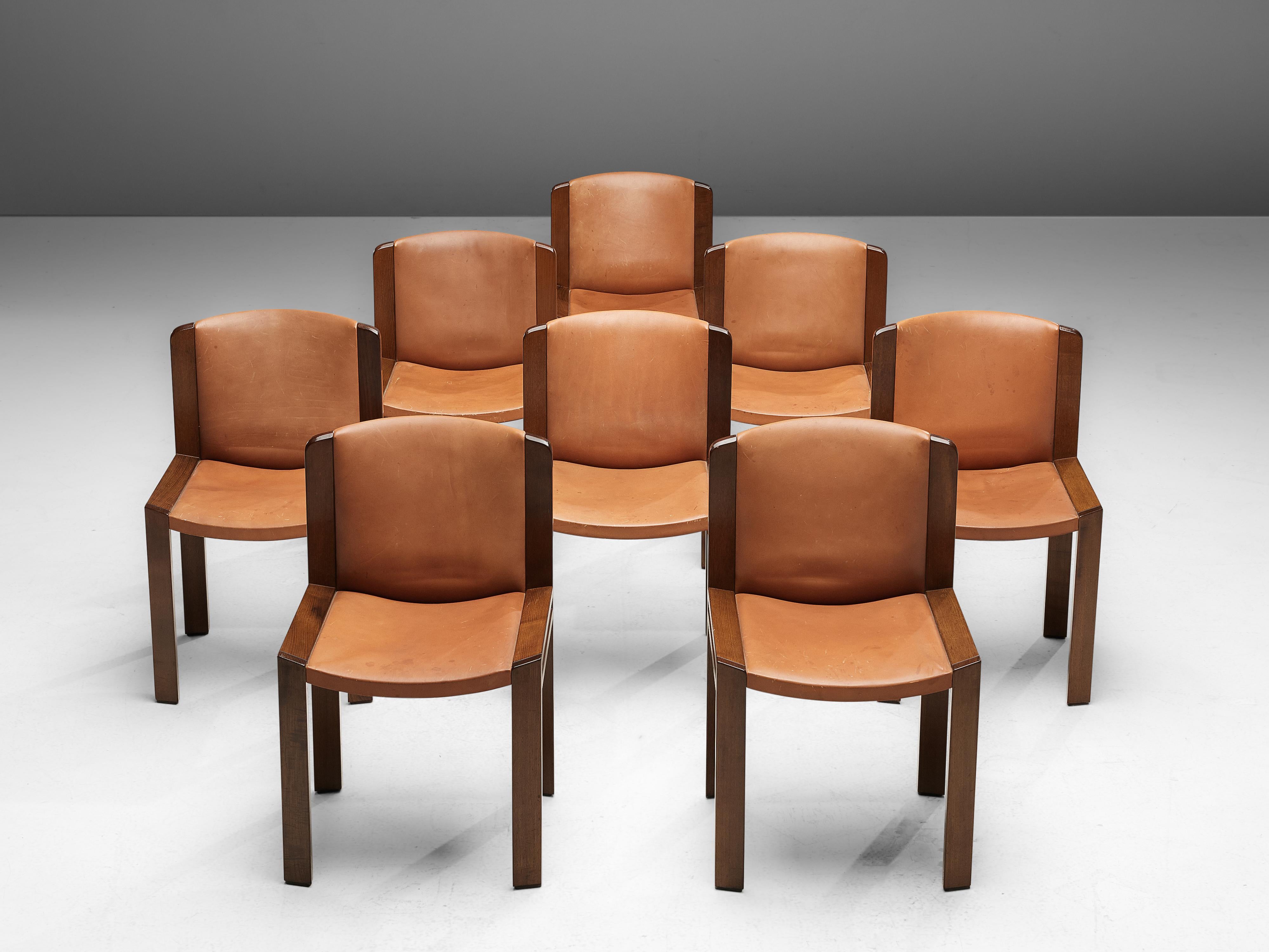 Mid-Century Modern Joe Colombo Set of Eight '300' Dining Chairs in Cognac Leather