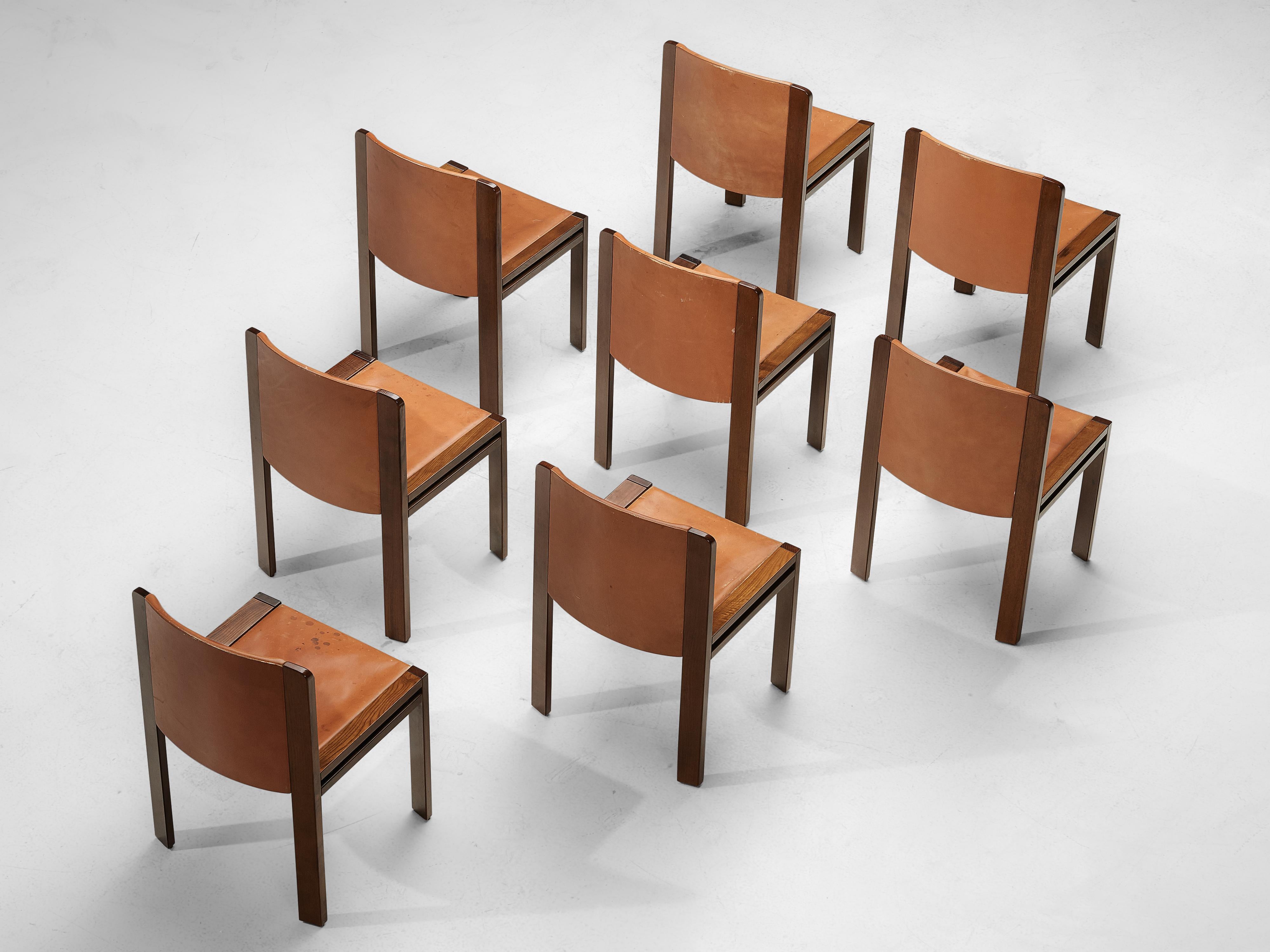 Italian Joe Colombo Set of Eight '300' Dining Chairs in Cognac Leather