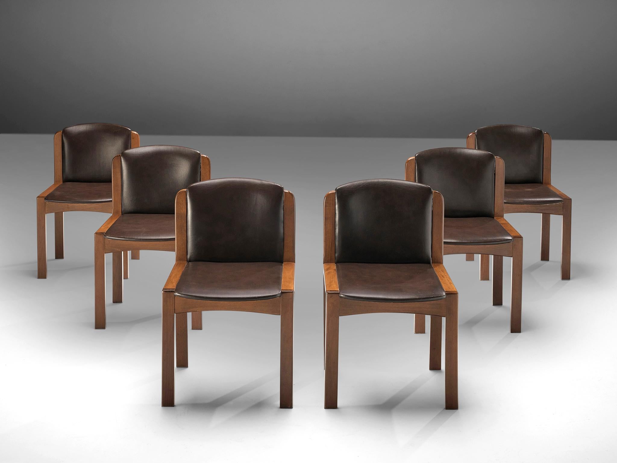 Joe Colombo for Pozzi, set of six dining chairs '300', leatherette, oak, Italy, 1966.

Functionalist set of six dining chairs is designed by Joe Colombo in 1966. Colombo's fascination with functionality meant he always focused on the user, which