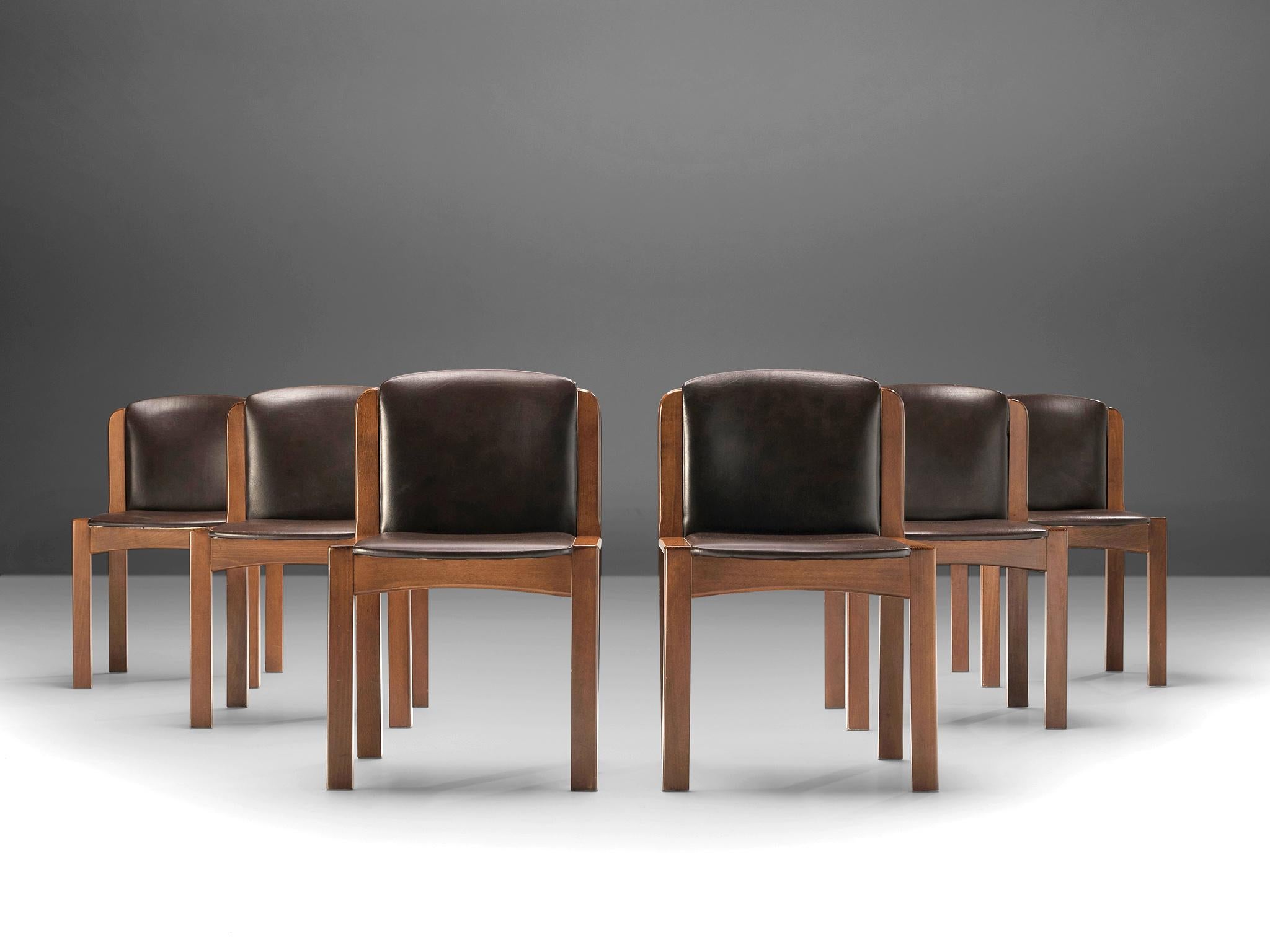 Joe Colombo Set of Six '300' Dining Chairs in Brown Leatherette 1