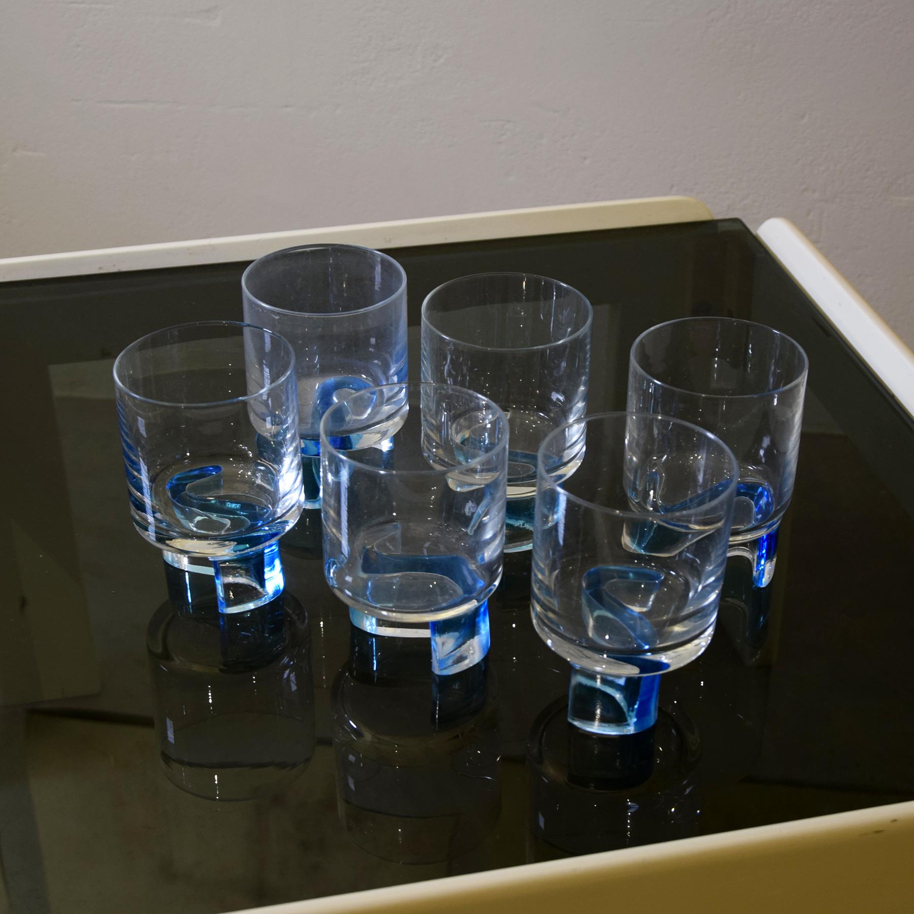 Set of six worked and colored glass glasses in the style of 1970s Joe Colombo