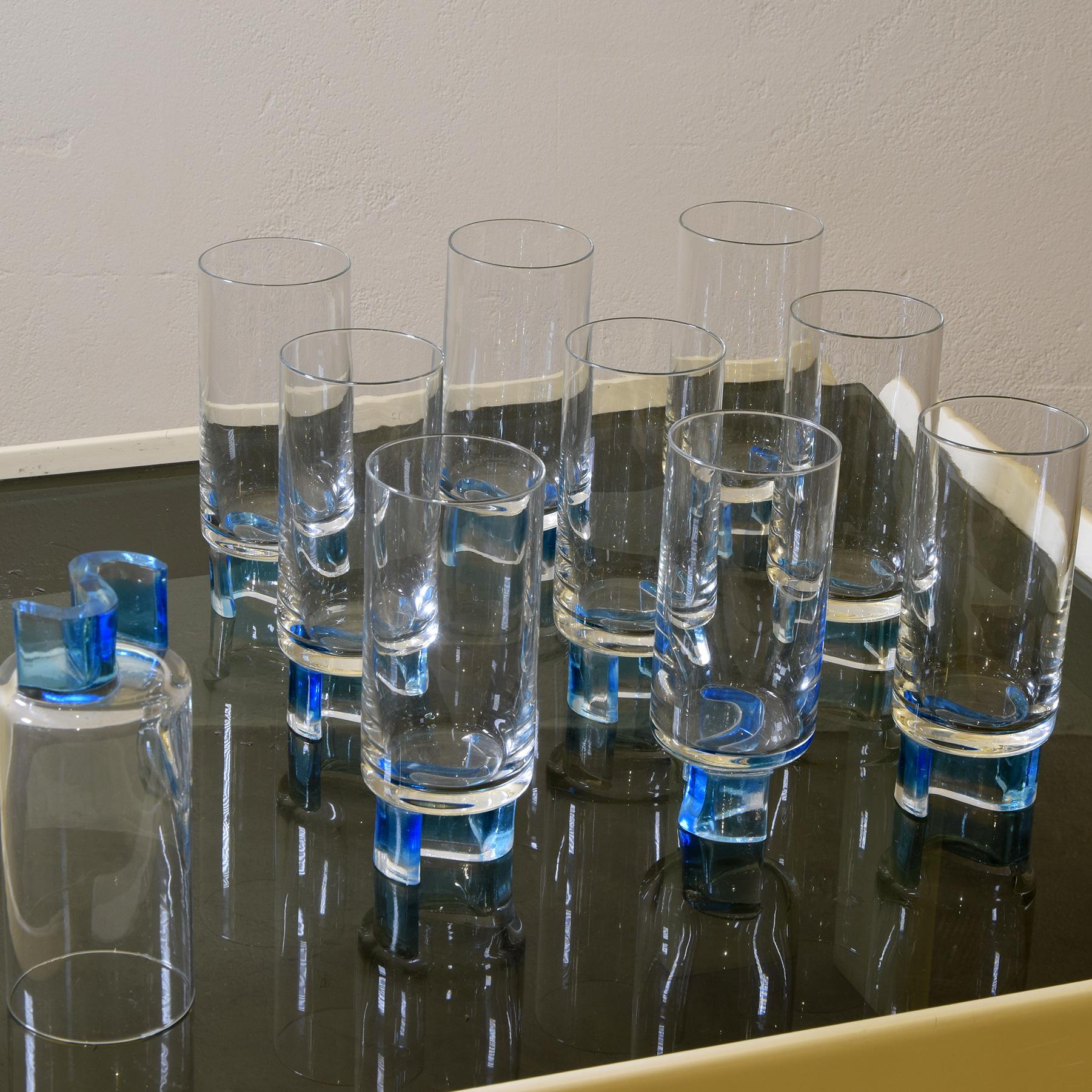 Set of ten worked and colored glass glasses in the style of 1970s Joe Colombo.