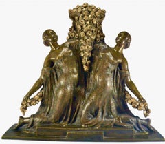 Joe Descomps Large Art Deco Bronze Two Women with Flower Garlands
