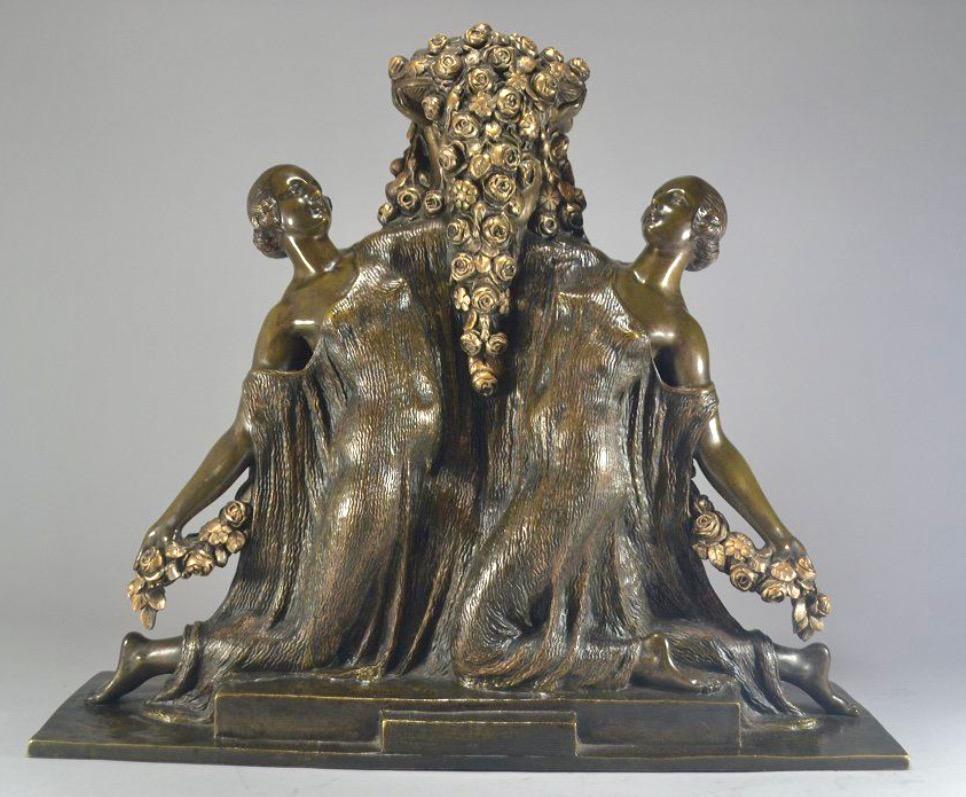 Joe Descomps Large Art Deco Bronze Two Women with Flower Garlands For Sale 2
