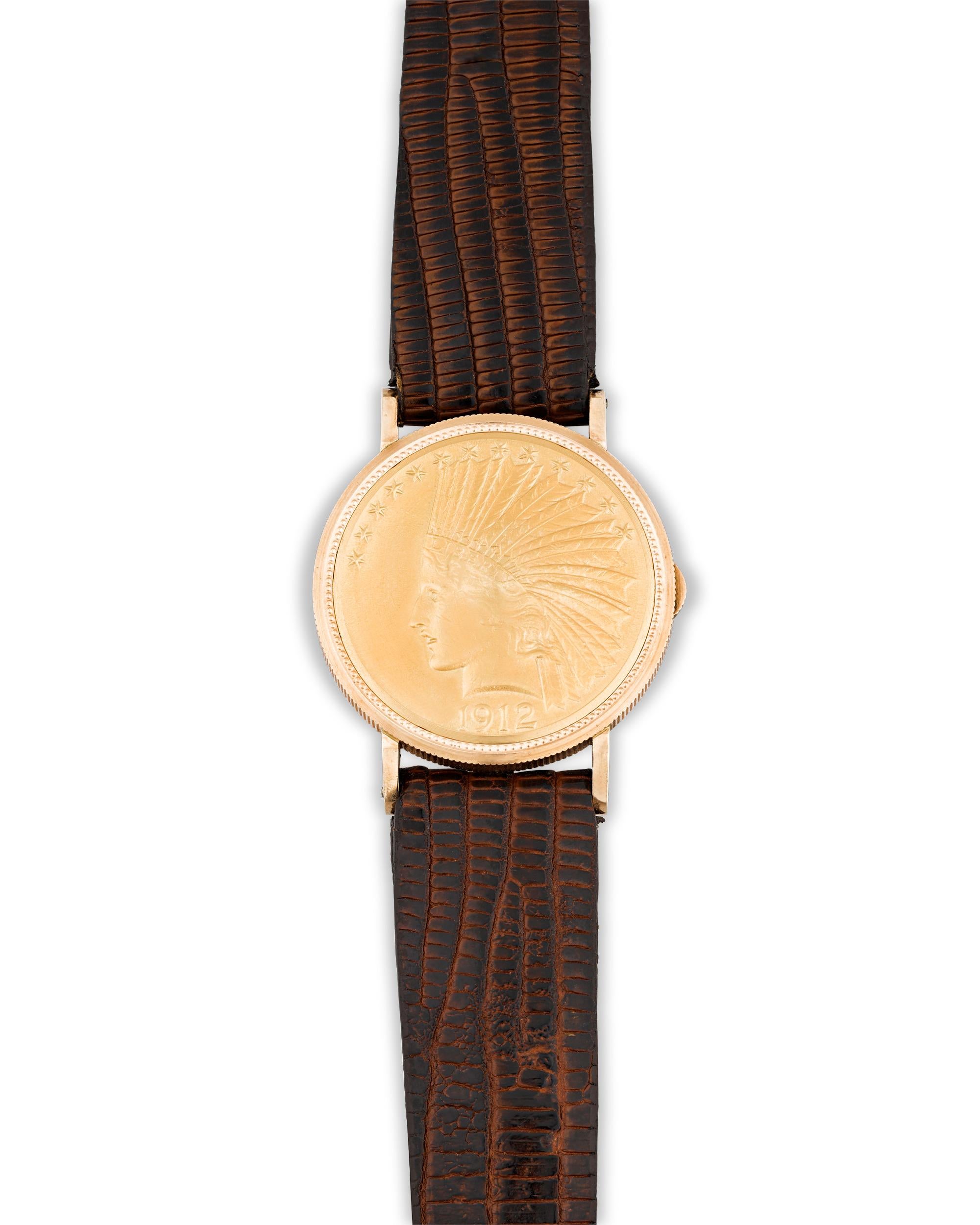 From the personal collection of baseball Hall of Famer Joe DiMaggio comes this presentation watch was given to the sports legend by Harrah's Casino in 1967 in celebration of his 50th birthday. Incorporating a rare 1912 U.S. $10 gold coin, the watch
